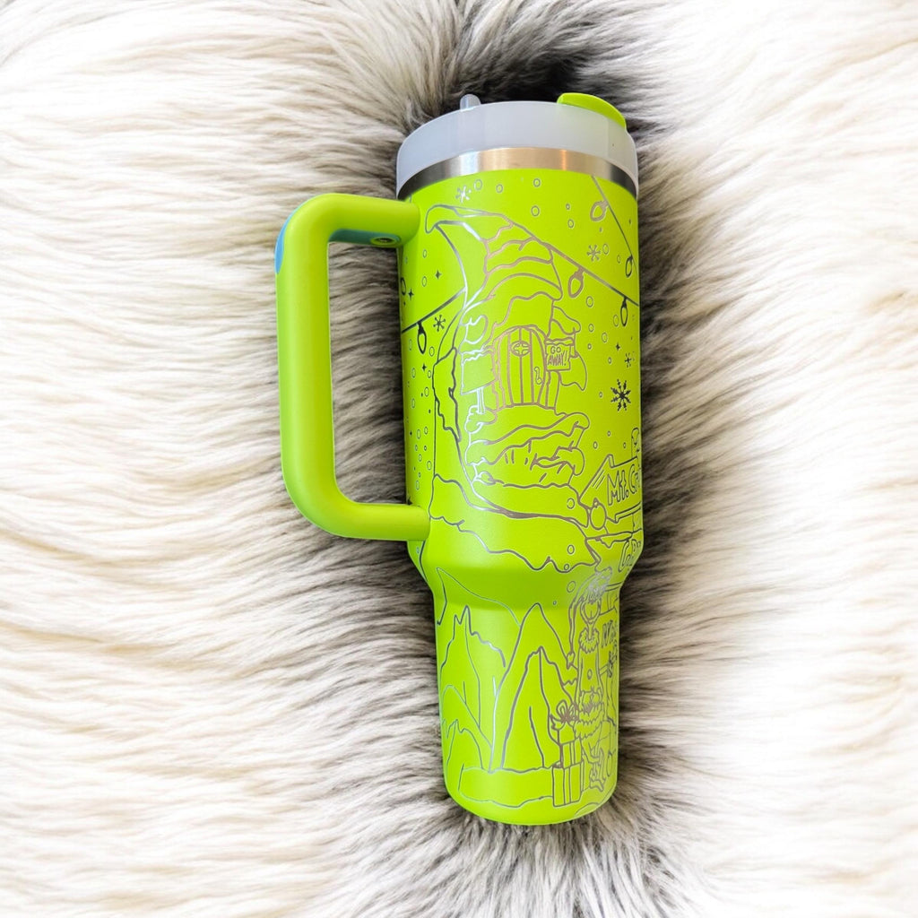 Grinch Tumbler Line Art, Christmas Landscape Pattern, Cute Holiday Cup with Handle, Funny Christmas Gift