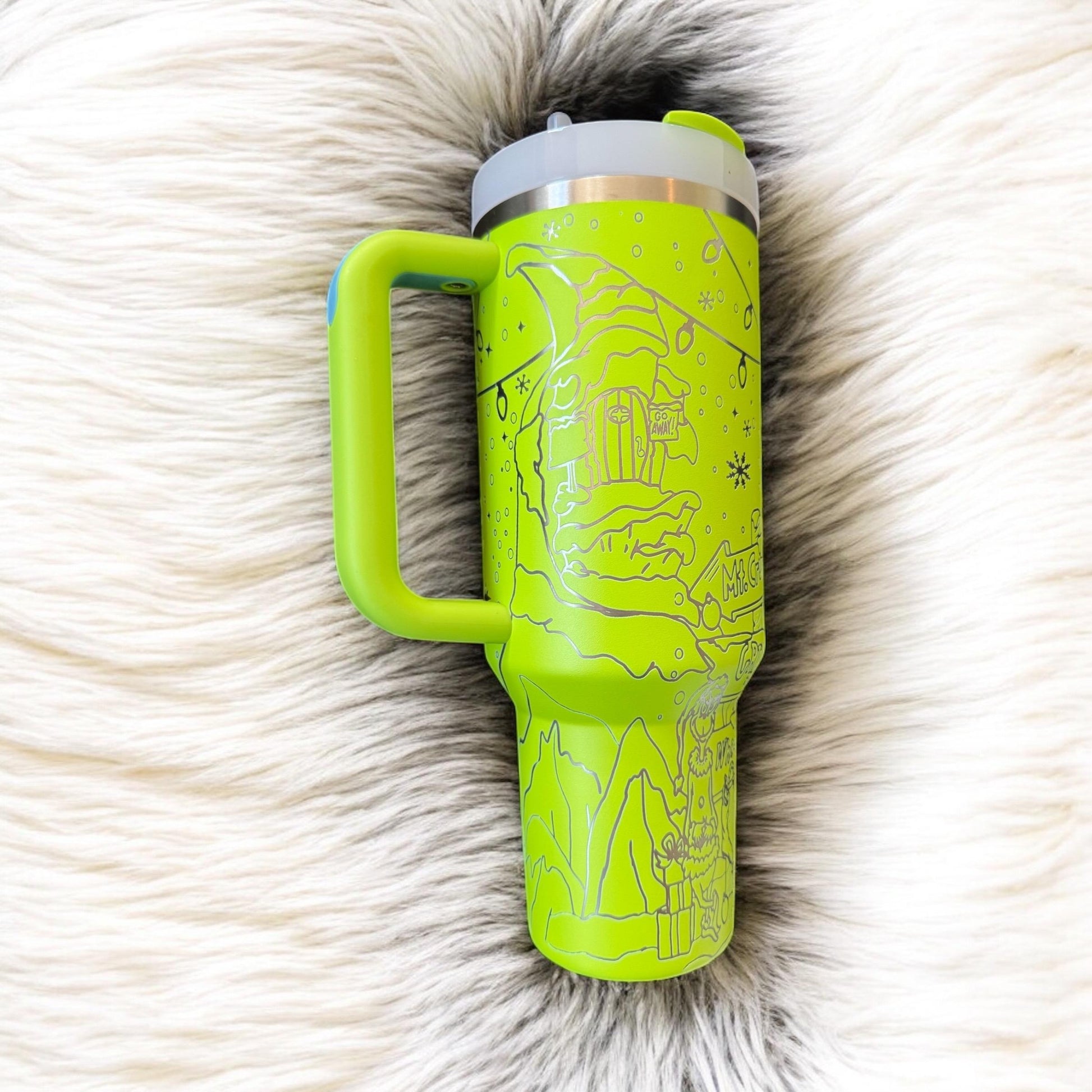 Grinch Tumbler Line Art, Christmas Landscape Pattern, Cute Holiday Cup with Handle, Funny Christmas Gift