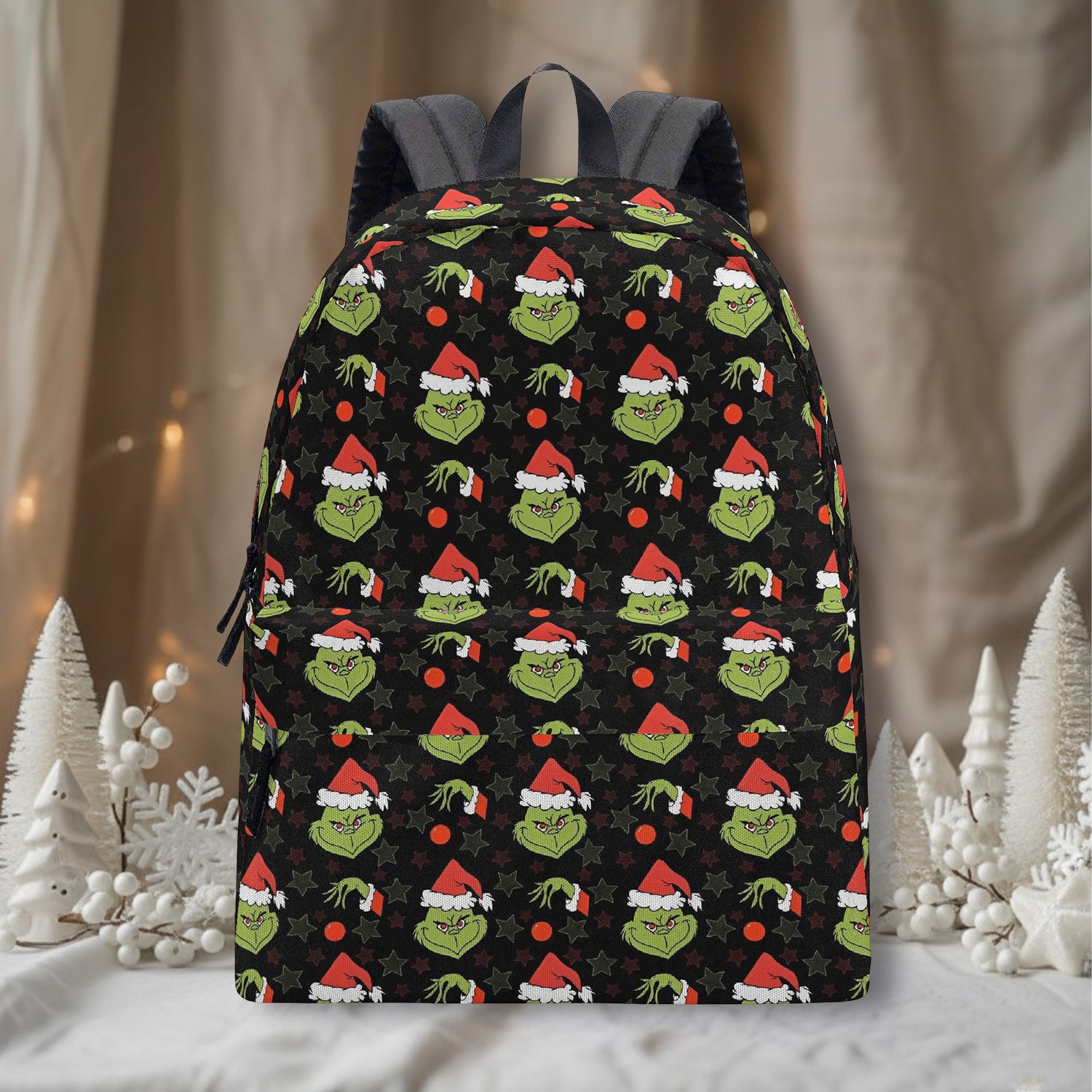Grinch Backpack Black Santa Pattern, Dark Aesthetic Christmas Bag, Holiday Gift, Travel School Backpack BPGR31