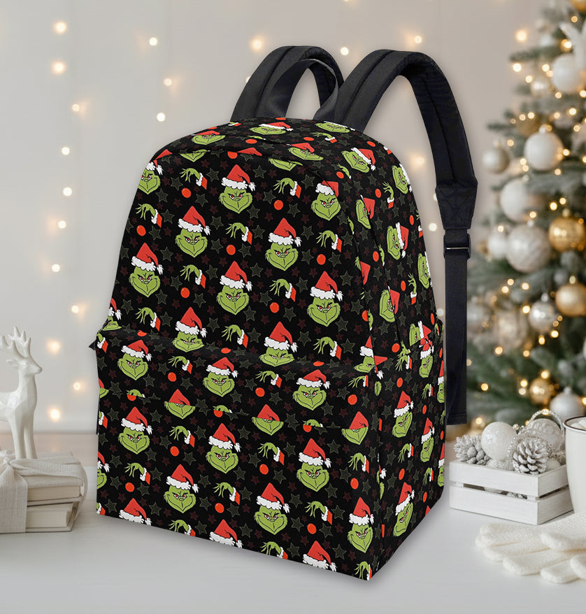 Grinch Backpack Black Santa Pattern, Dark Aesthetic Christmas Bag, Holiday Gift, Travel School Backpack BPGR31
