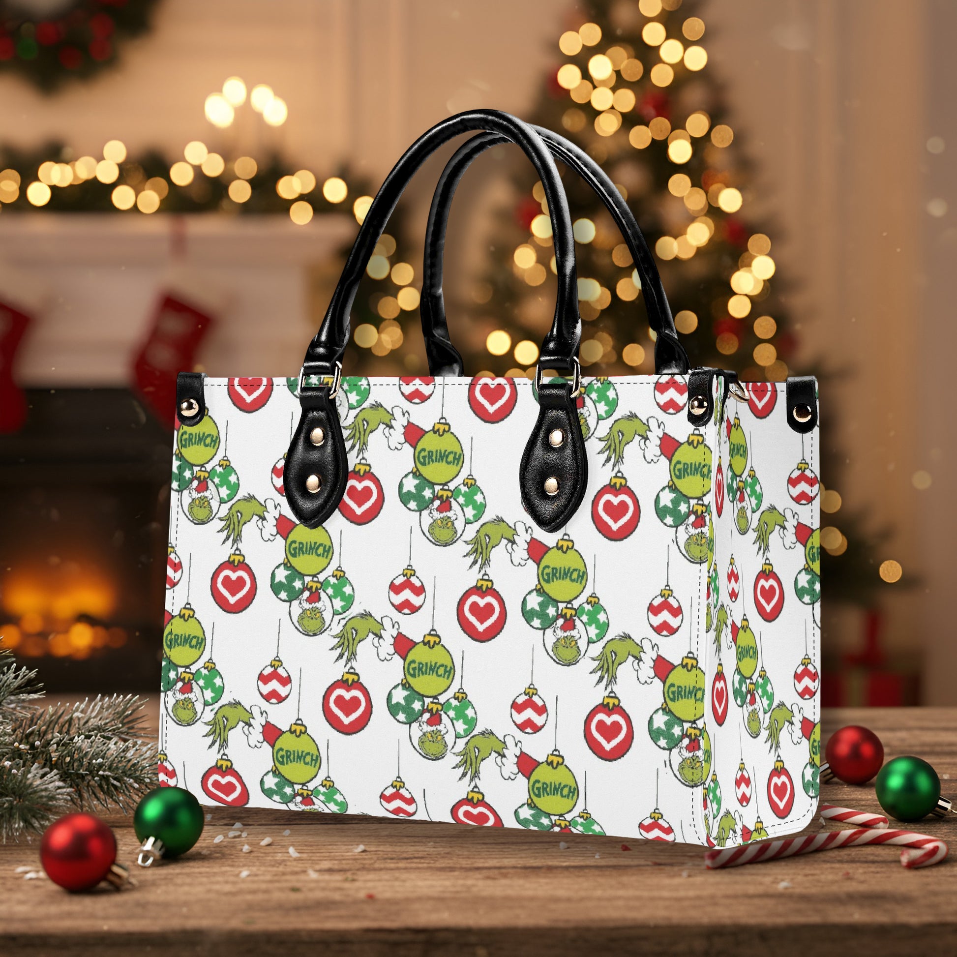Grinch Ornament Pattern HandBag, Christmas Bauble Purse, Holiday Print Leather Bag, Festive Winter Gift for Her