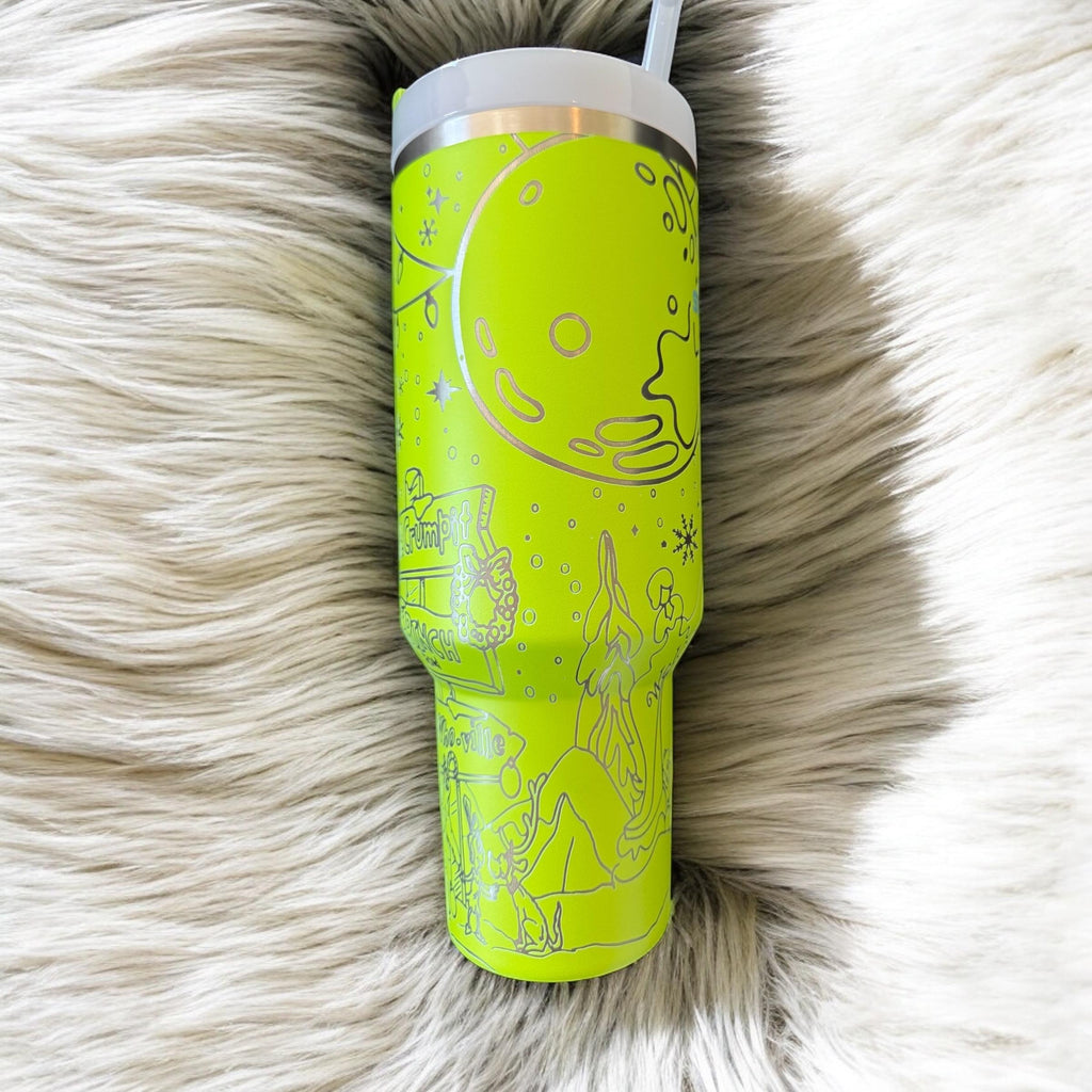 Grinch Tumbler Line Art, Christmas Landscape Pattern, Cute Holiday Cup with Handle, Funny Christmas Gift