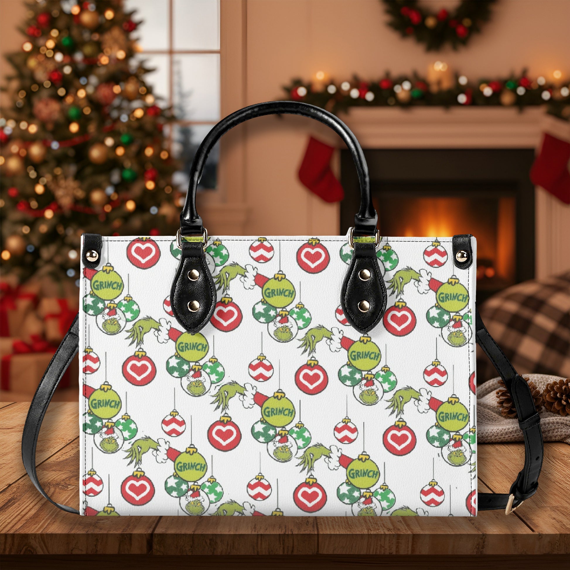 Grinch Ornament Pattern HandBag, Christmas Bauble Purse, Holiday Print Leather Bag, Festive Winter Gift for Her