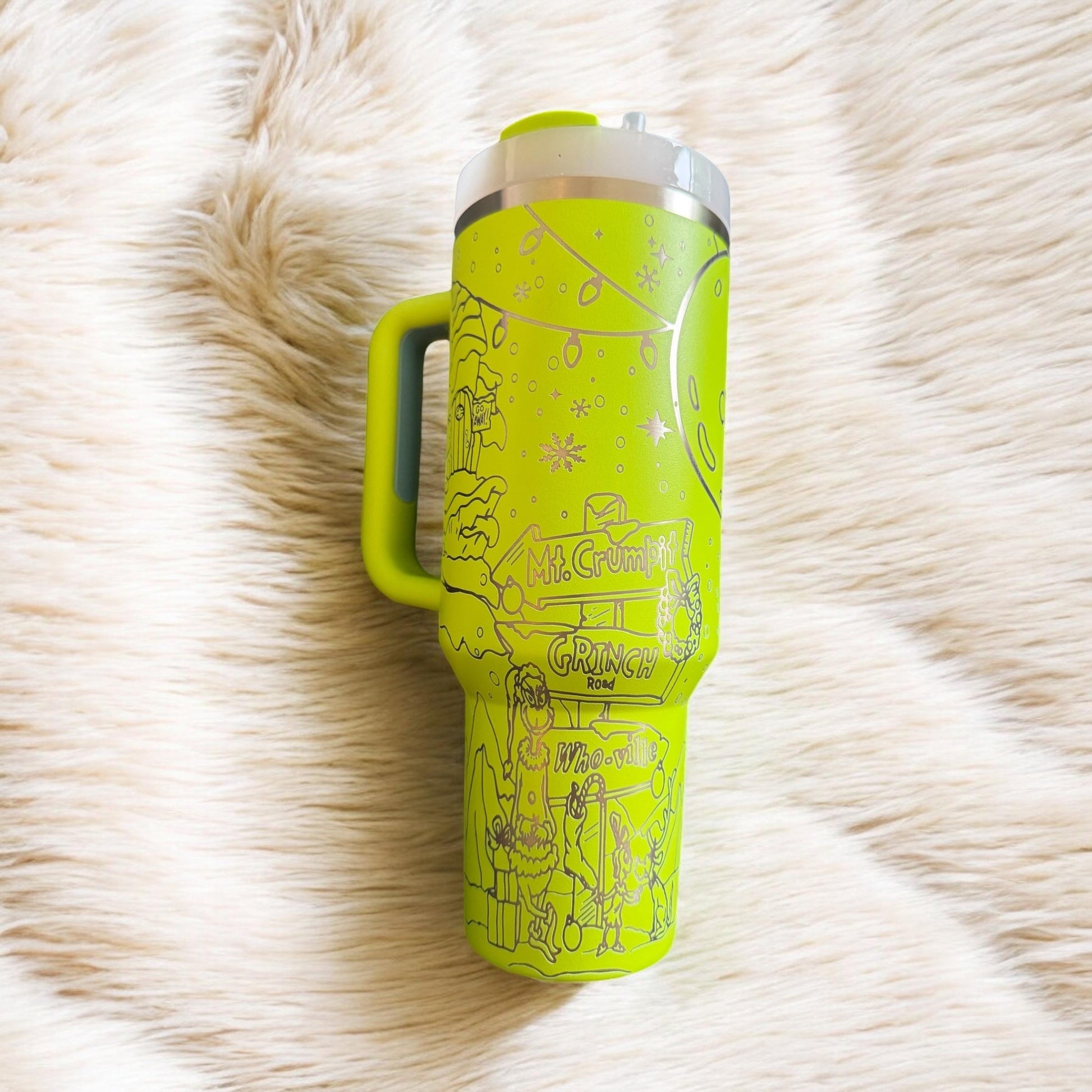 Grinch Tumbler Line Art, Christmas Landscape Pattern, Cute Holiday Cup with Handle, Funny Christmas Gift