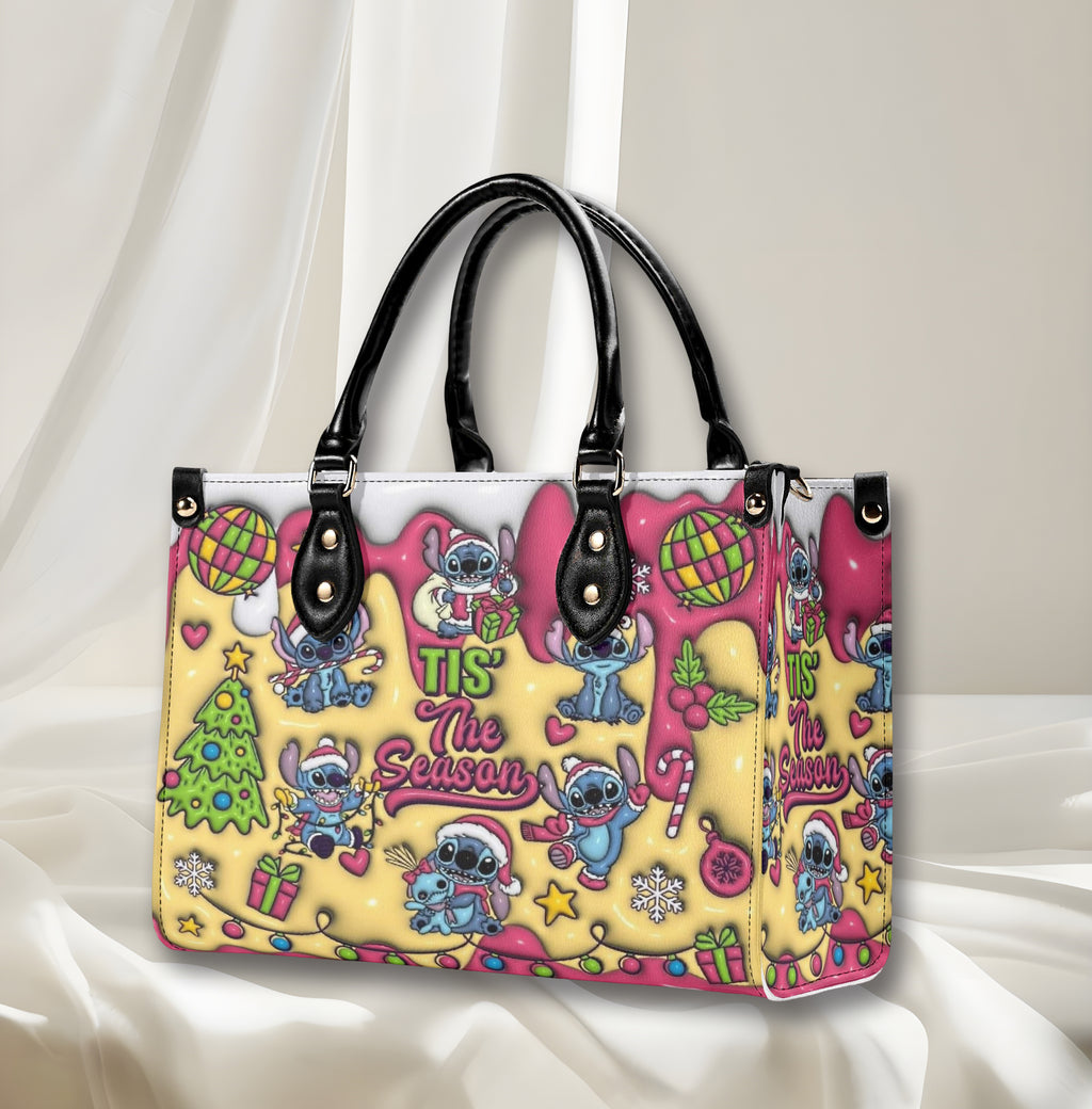 Stitch Christmas Leather Handbag, Cute Holiday Santa Tote Bag, Festive Cartoon Purse & Gift for Women