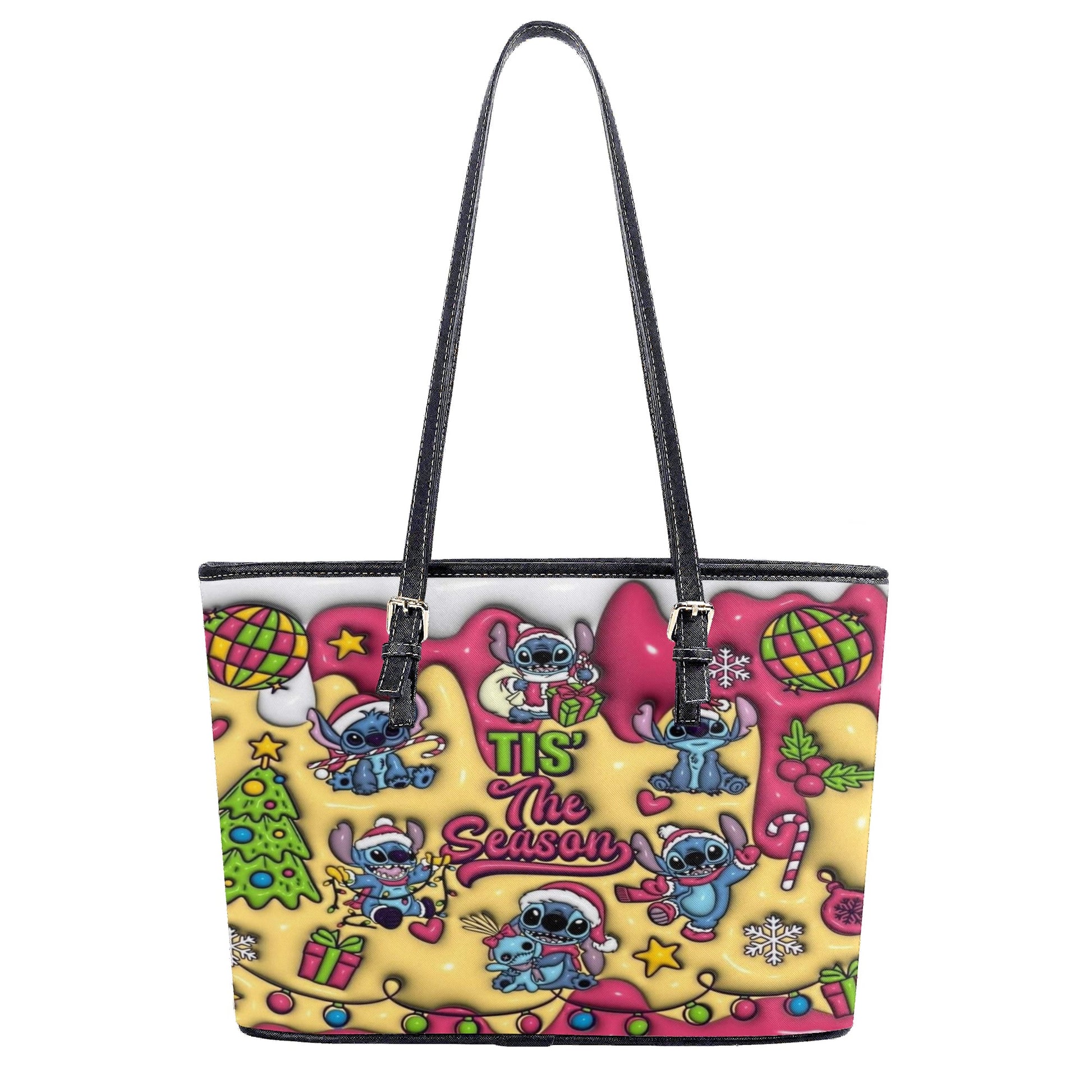 Stitch Christmas Leather Handbag, Cute Holiday Santa Tote Bag, Festive Cartoon Purse & Gift for Women