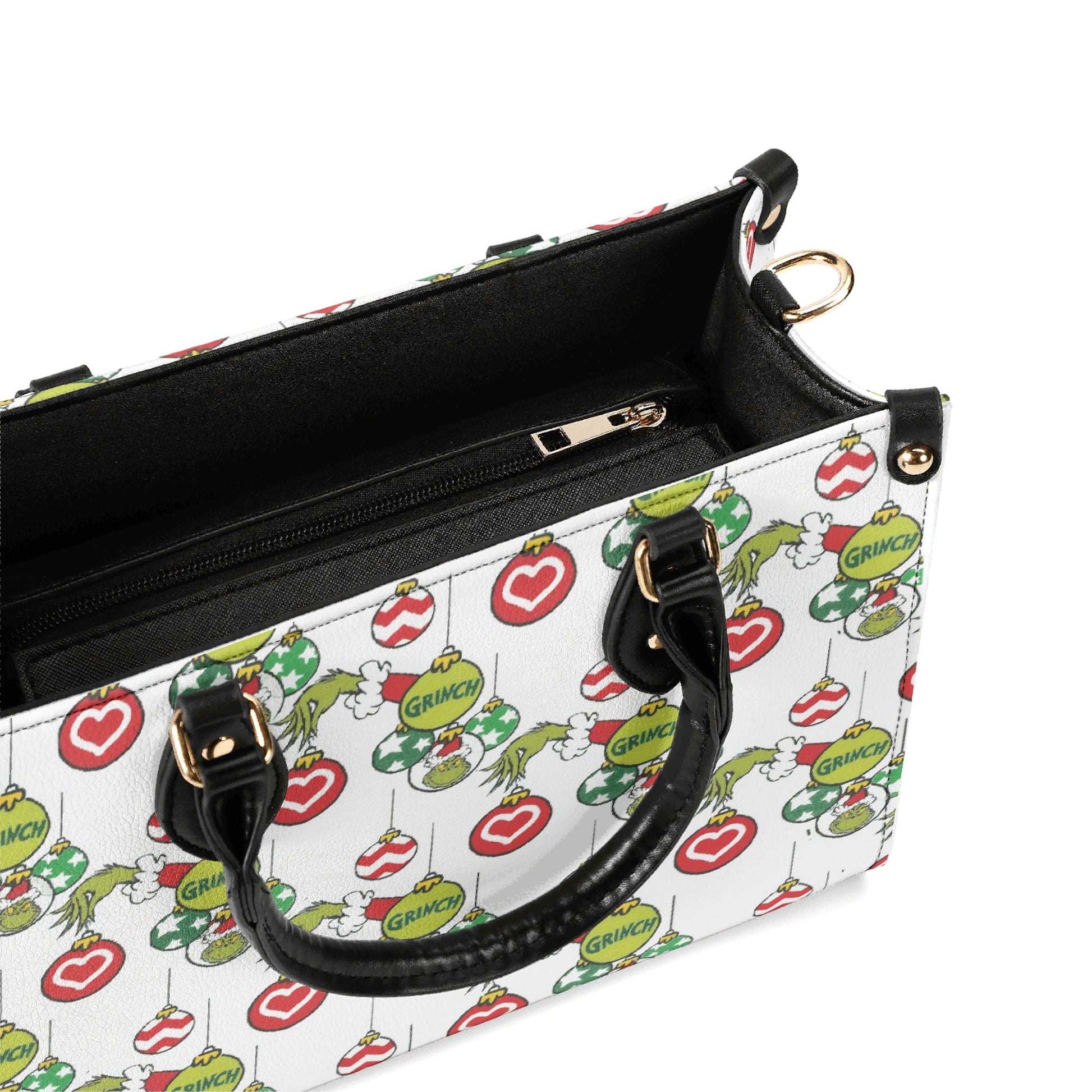 Grinch Ornament Pattern HandBag, Christmas Bauble Purse, Holiday Print Leather Bag, Festive Winter Gift for Her