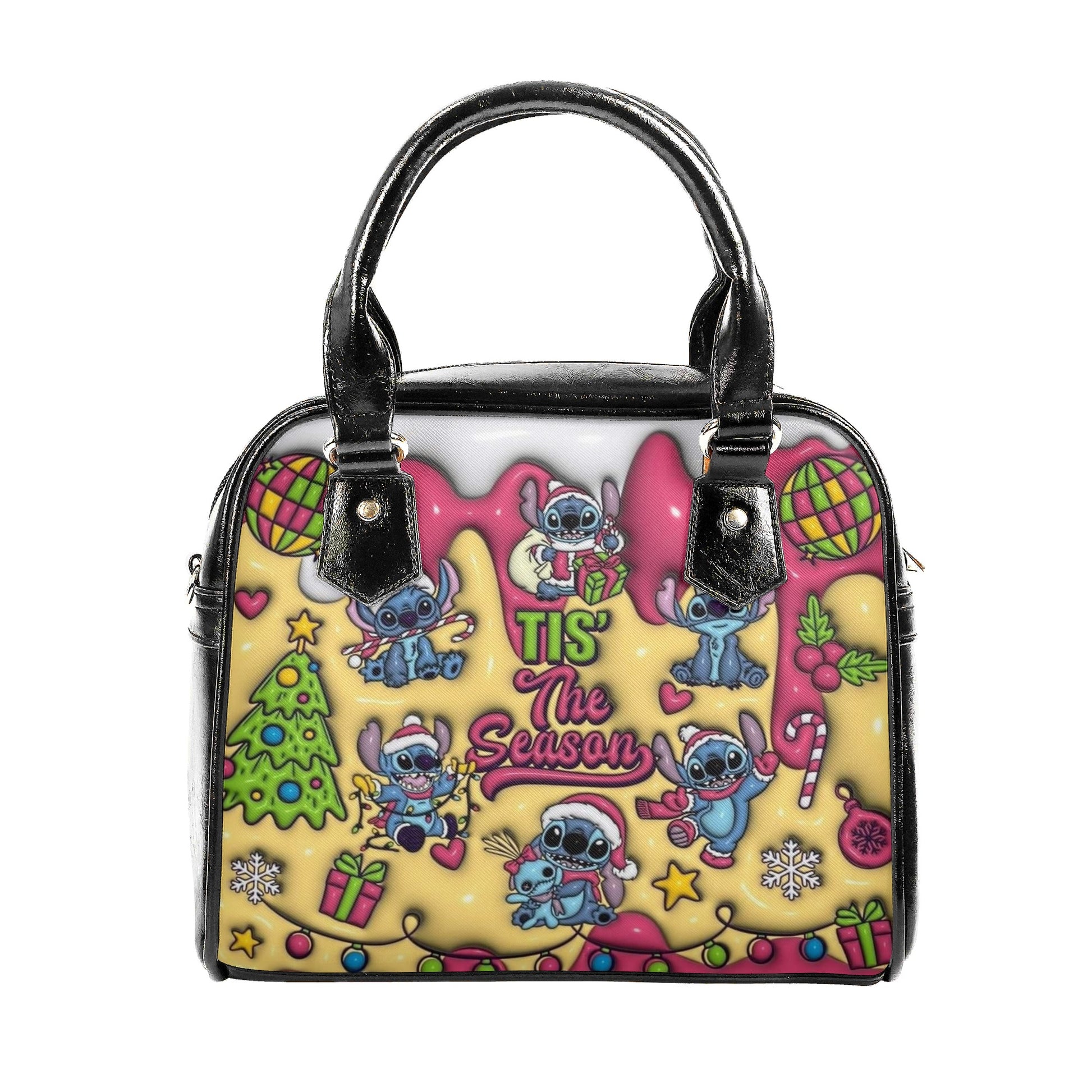 Stitch Christmas Leather Handbag, Cute Holiday Santa Tote Bag, Festive Cartoon Purse & Gift for Women