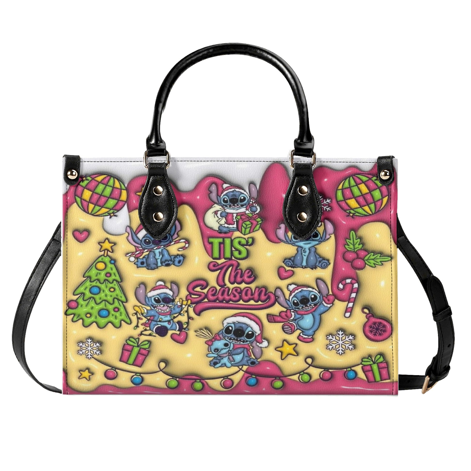 Stitch Christmas Leather Handbag, Cute Holiday Santa Tote Bag, Festive Cartoon Purse & Gift for Women