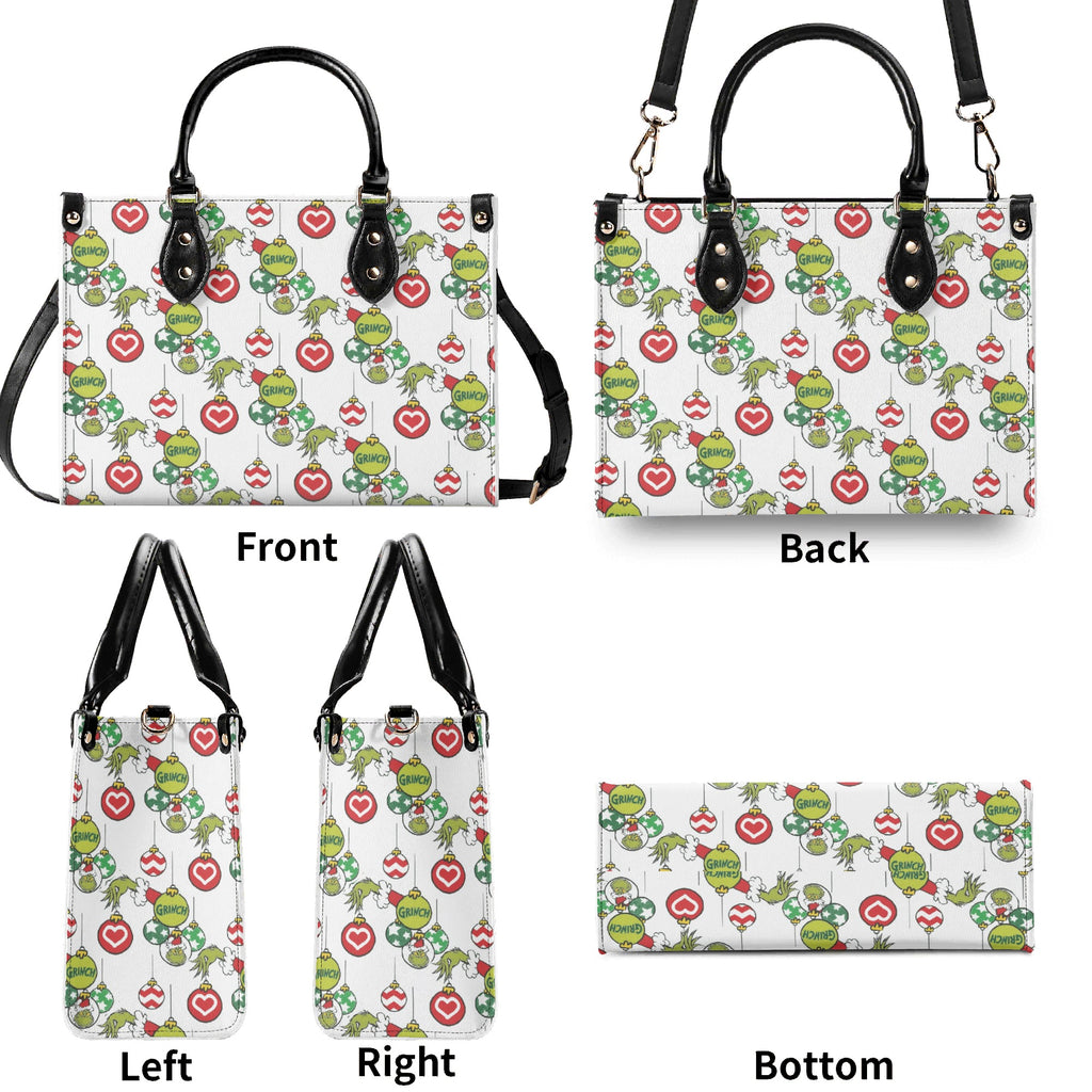 Grinch Ornament Pattern HandBag, Christmas Bauble Purse, Holiday Print Leather Bag, Festive Winter Gift for Her
