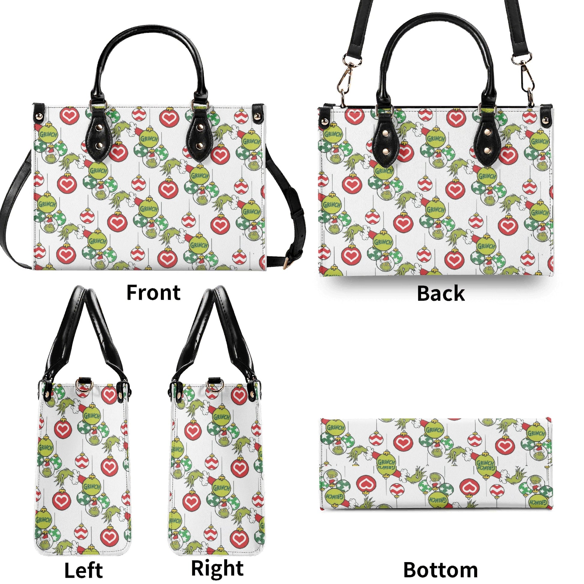 Grinch Ornament Pattern HandBag, Christmas Bauble Purse, Holiday Print Leather Bag, Festive Winter Gift for Her