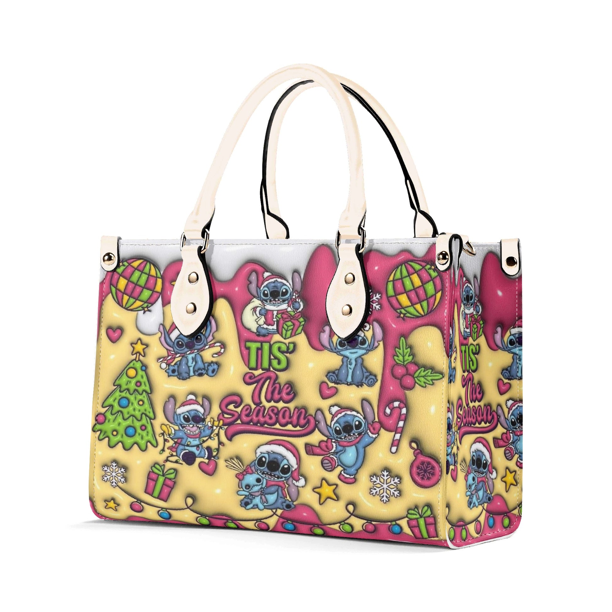 Stitch Christmas Leather Handbag, Cute Holiday Santa Tote Bag, Festive Cartoon Purse & Gift for Women