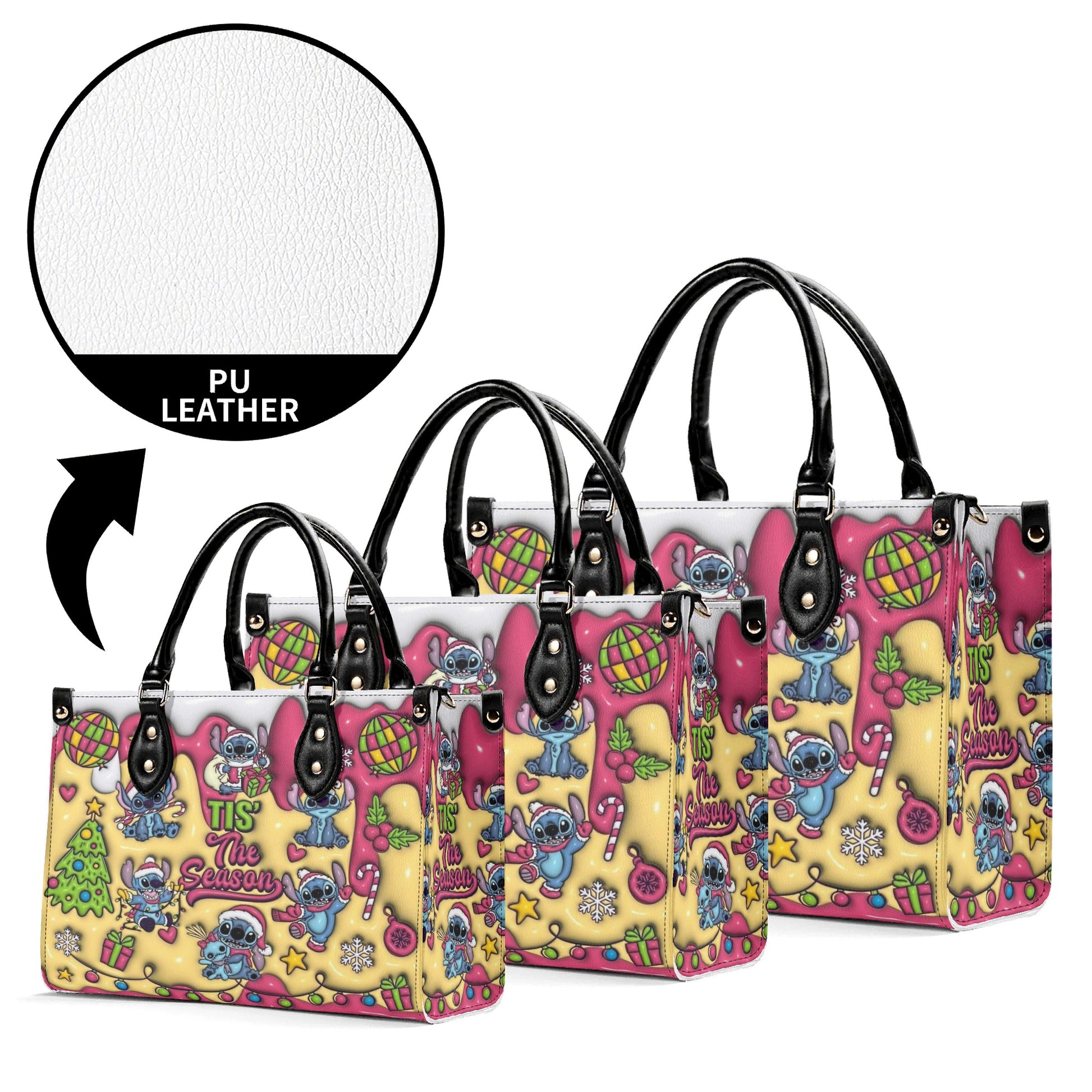 Stitch Christmas Leather Handbag, Cute Holiday Santa Tote Bag, Festive Cartoon Purse & Gift for Women