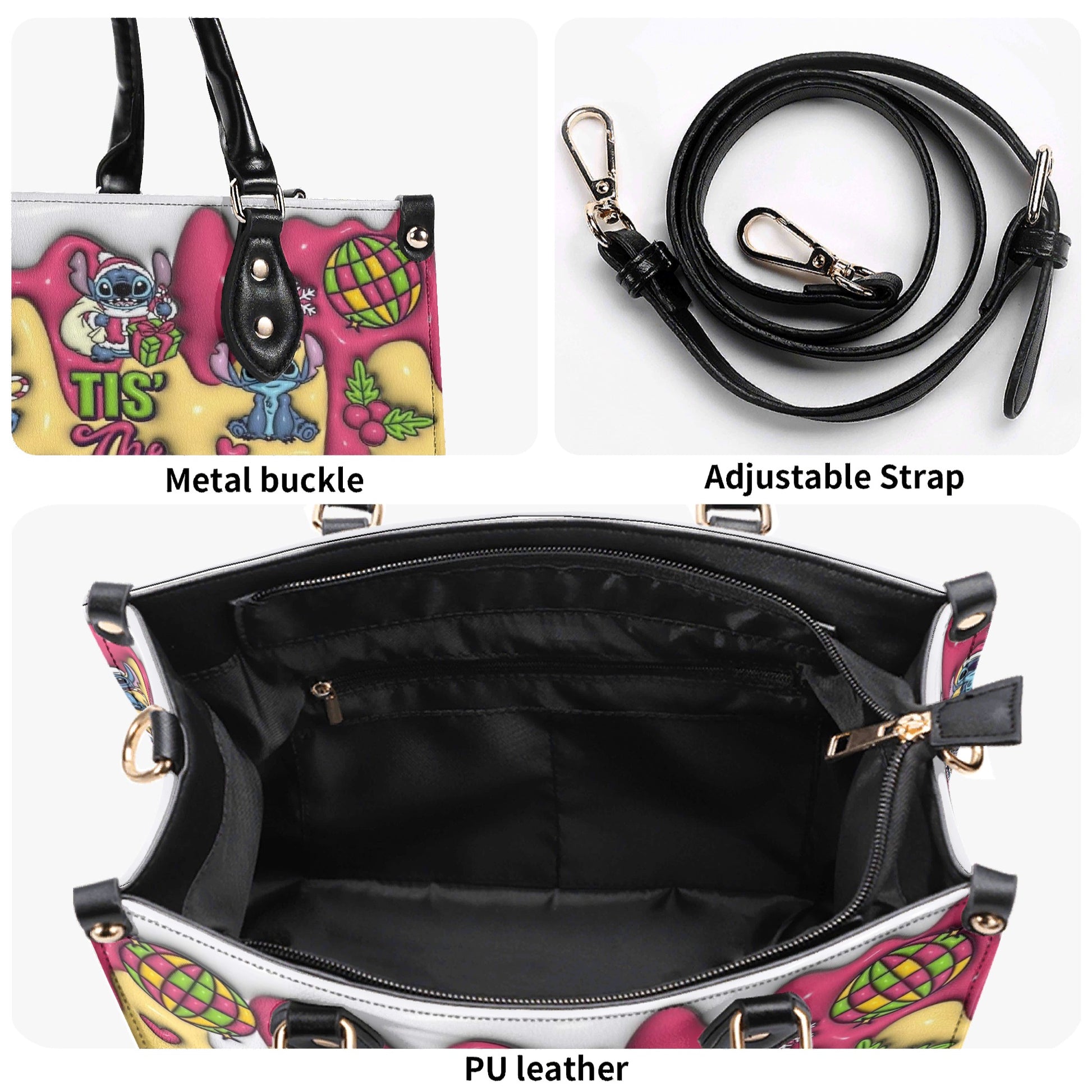 Stitch Christmas Leather Handbag, Cute Holiday Santa Tote Bag, Festive Cartoon Purse & Gift for Women