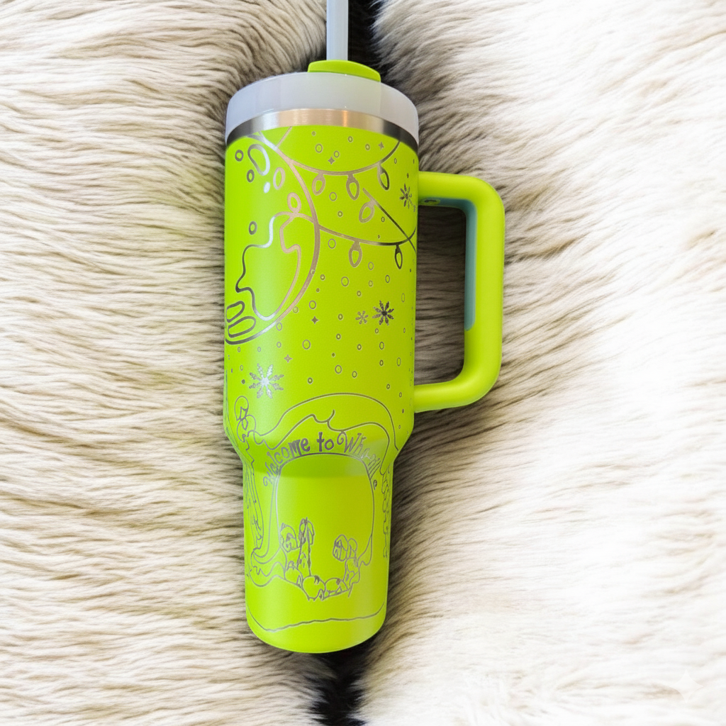 Grinch Tumbler Line Art, Christmas Landscape Pattern, Cute Holiday Cup with Handle, Funny Christmas Gift