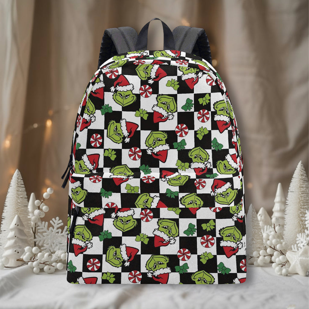 Grinch Backpack Checkered, Peppermint Candy Pattern, Retro Christmas Gift, Holiday Travel School Bag BPGR32