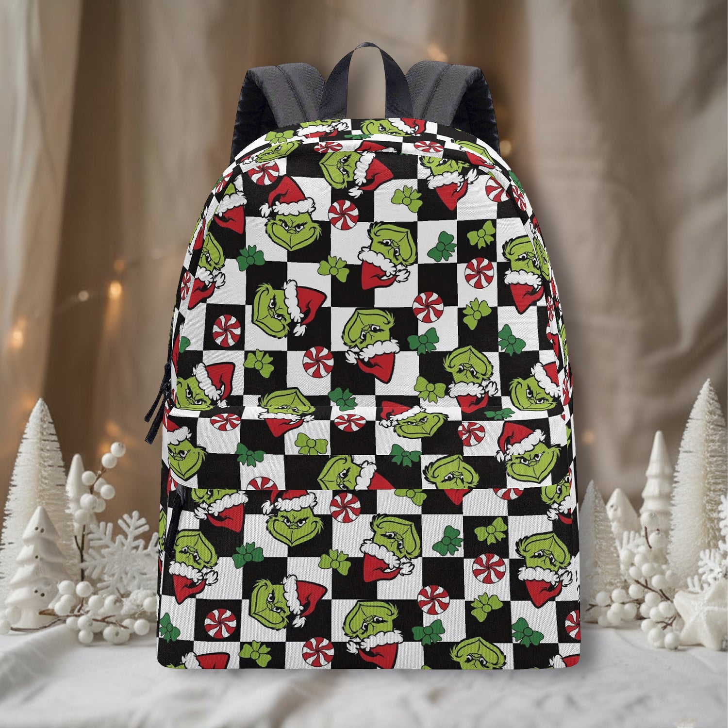 Grinch Backpack Checkered, Peppermint Candy Pattern, Retro Christmas Gift, Holiday Travel School Bag BPGR32