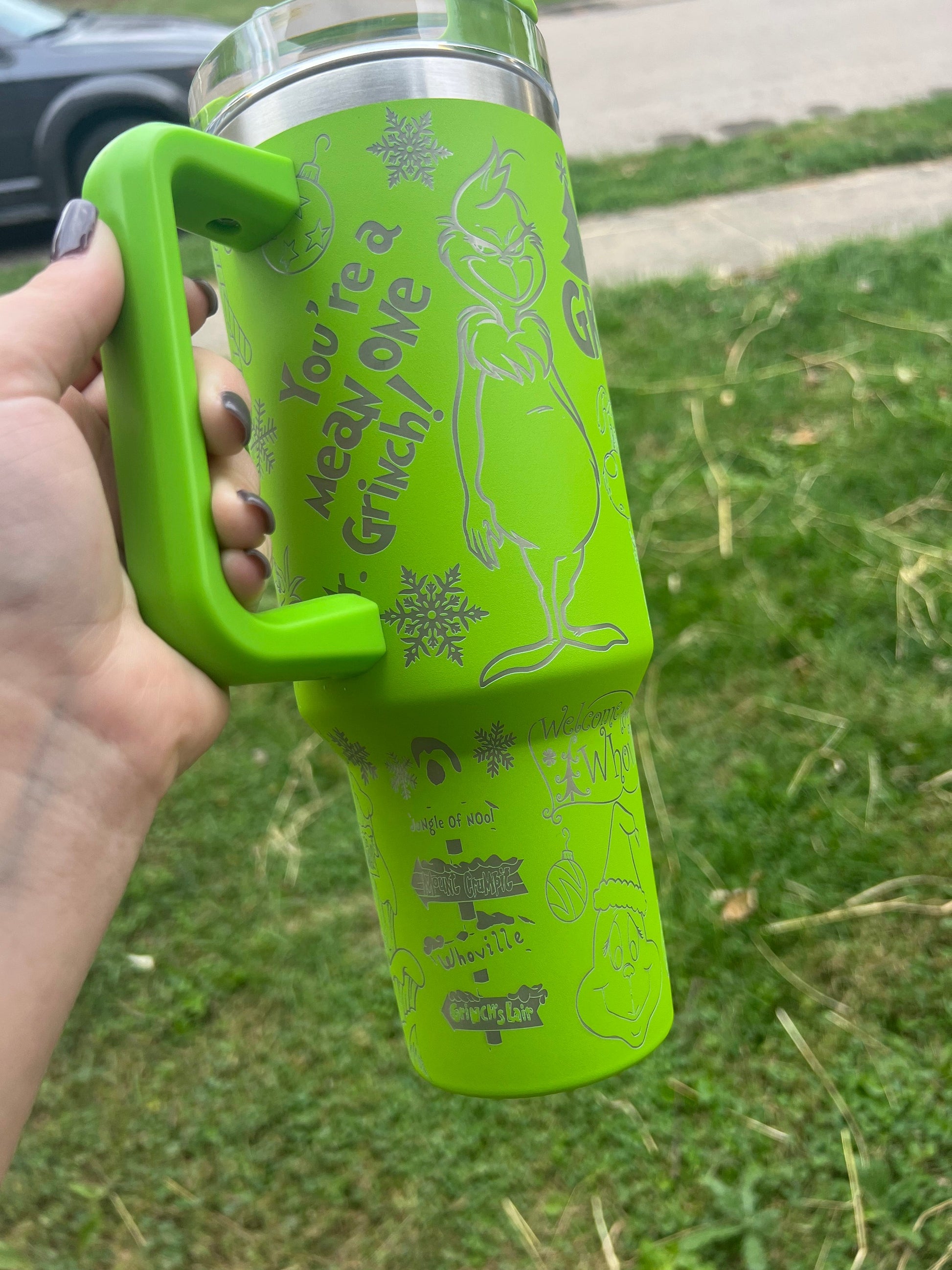 Mean One Grinch Tumbler, Classic Grinch Pattern Mug, Funny Holiday Gift, Insulated Cup with Handle and Straw