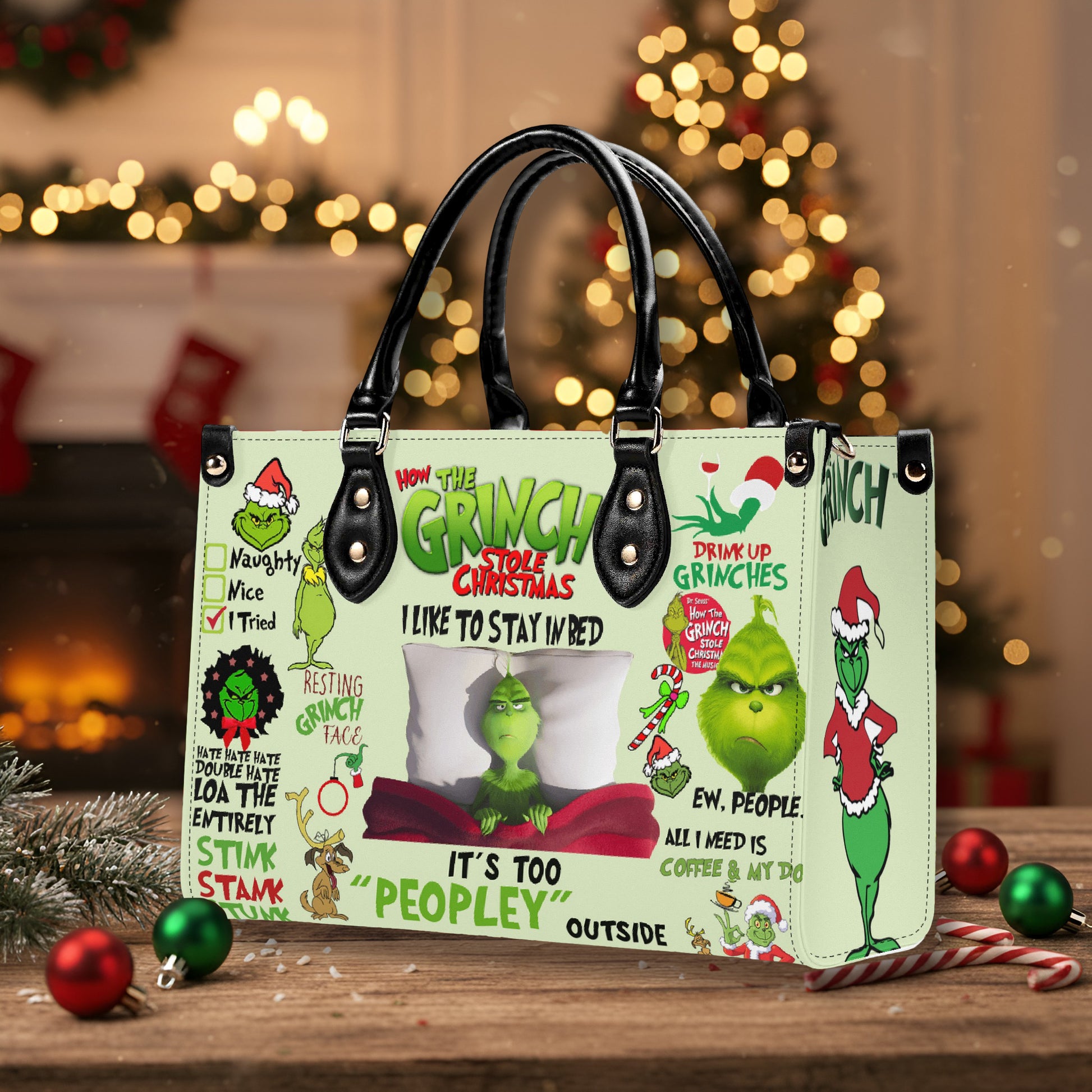 How The Grinch Stole Christmas HandBag, Funny Quote Purse, Grinchmas Leather Bag, Holiday Gift, Cozy Winter Bag