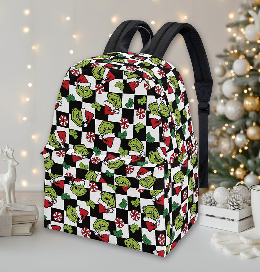 Grinch Backpack Checkered, Peppermint Candy Pattern, Retro Christmas Gift, Holiday Travel School Bag BPGR32