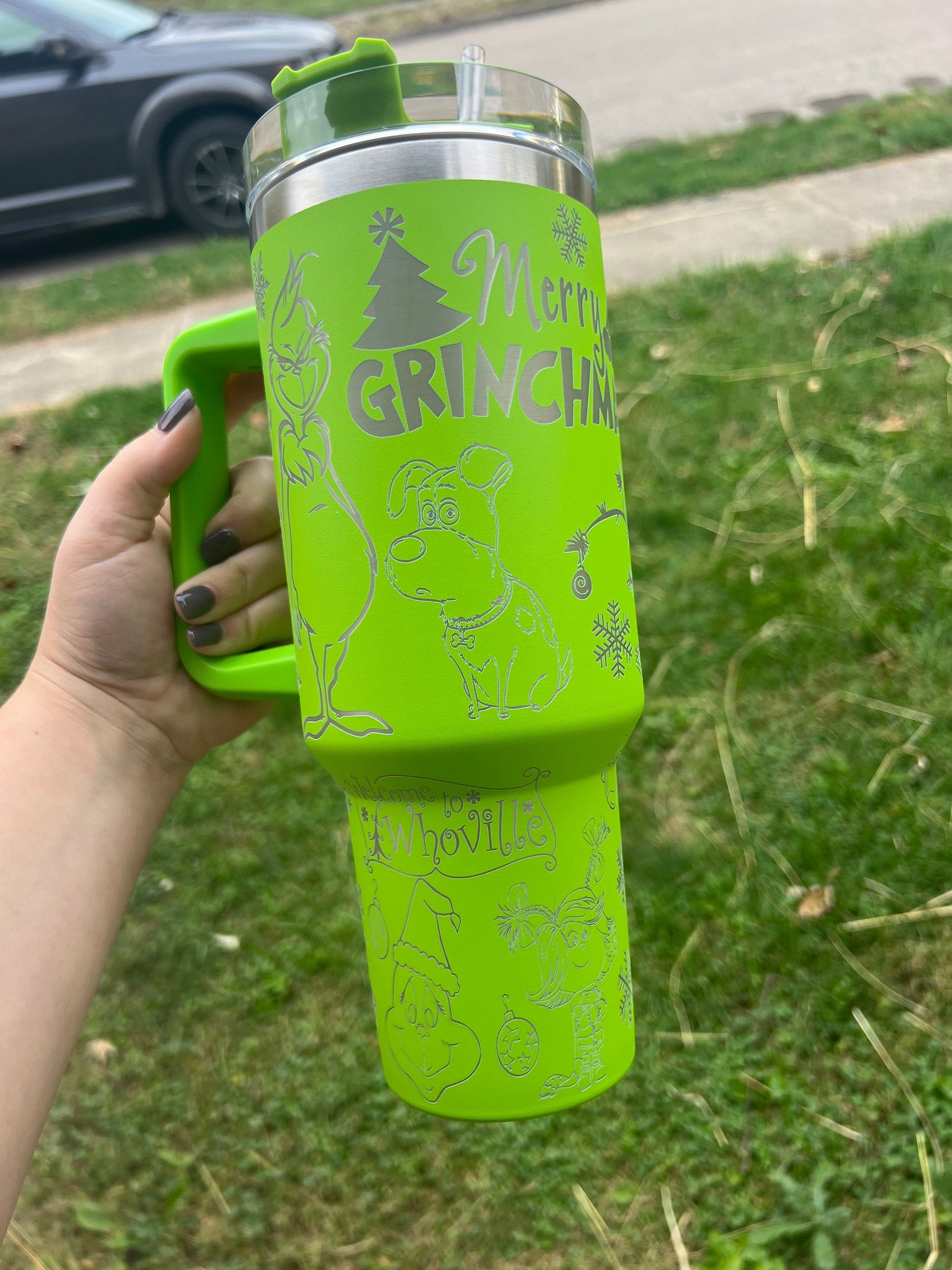 Mean One Grinch Tumbler, Classic Grinch Pattern Mug, Funny Holiday Gift, Insulated Cup with Handle and Straw