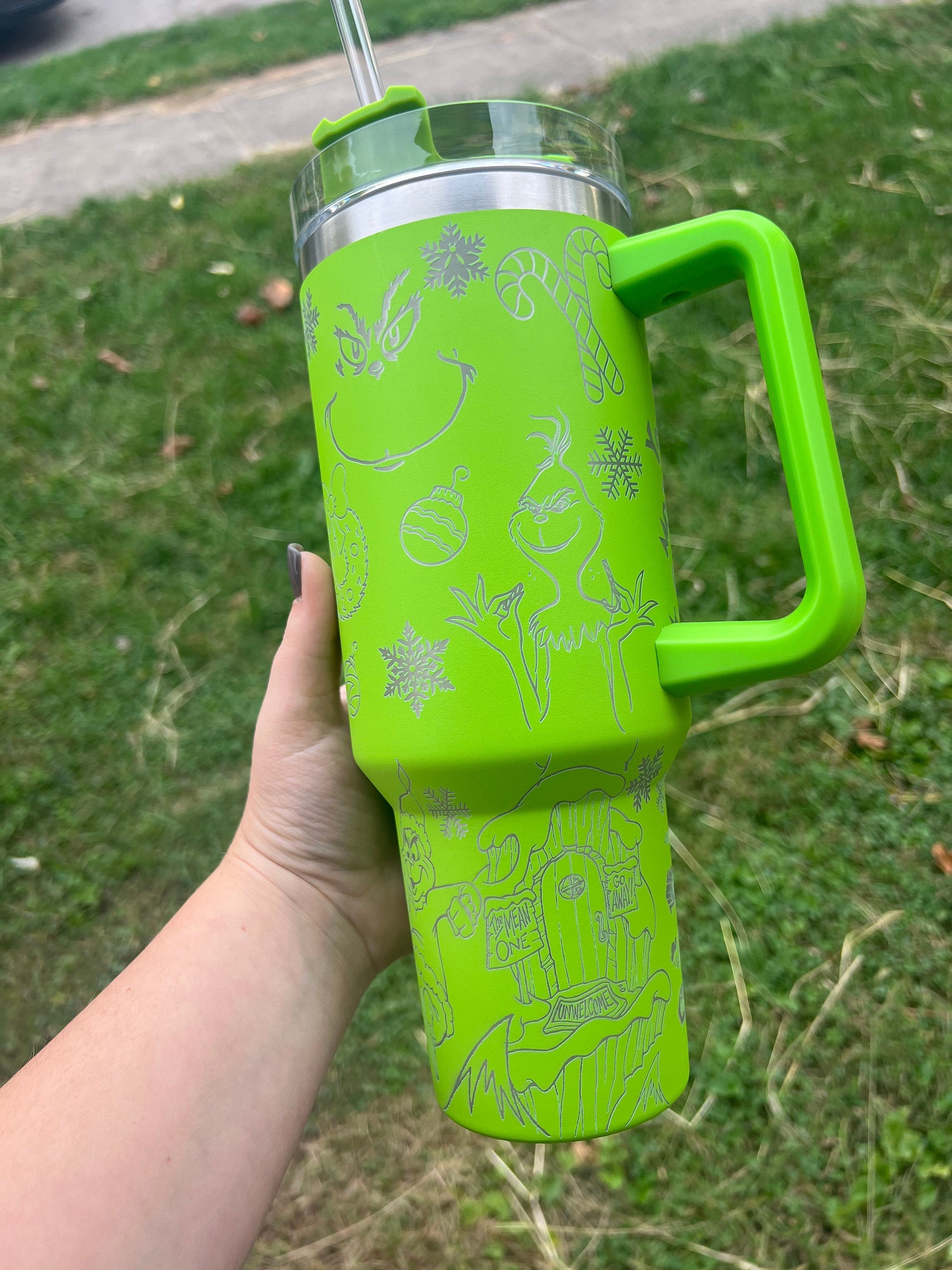 Mean One Grinch Tumbler, Classic Grinch Pattern Mug, Funny Holiday Gift, Insulated Cup with Handle and Straw
