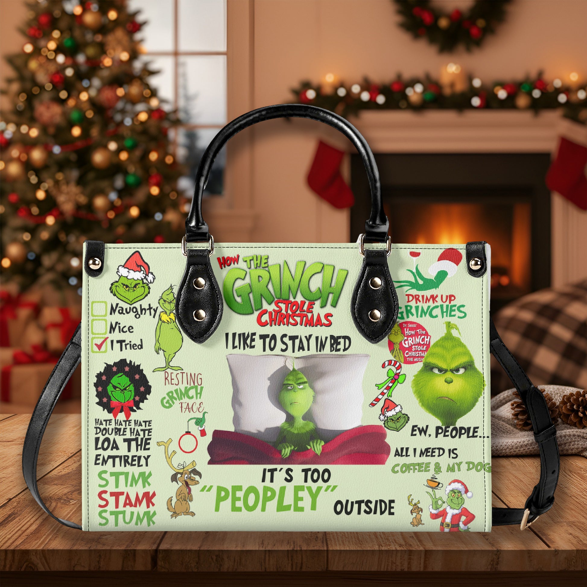 How The Grinch Stole Christmas HandBag, Funny Quote Purse, Grinchmas Leather Bag, Holiday Gift, Cozy Winter Bag