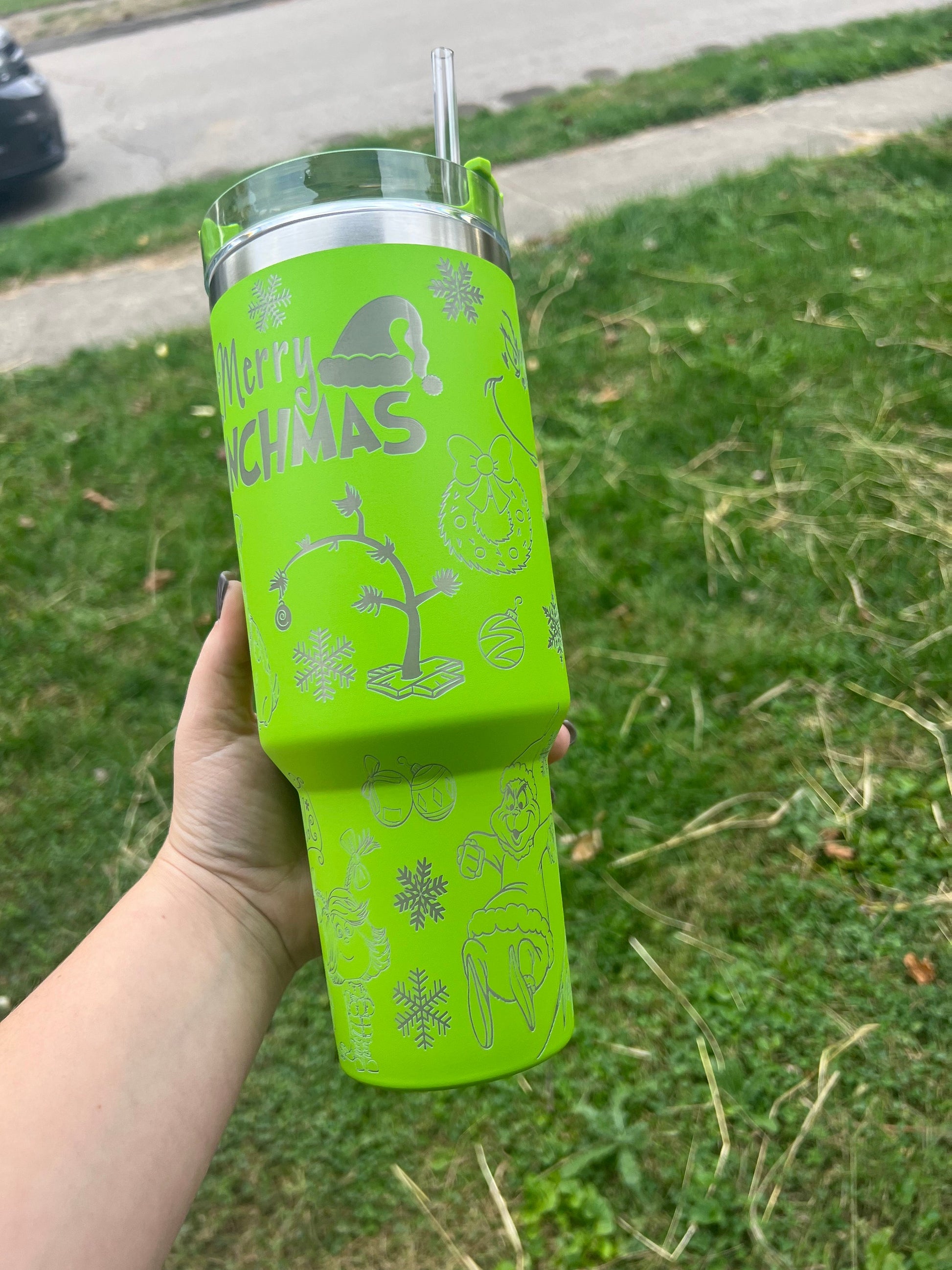 Mean One Grinch Tumbler, Classic Grinch Pattern Mug, Funny Holiday Gift, Insulated Cup with Handle and Straw