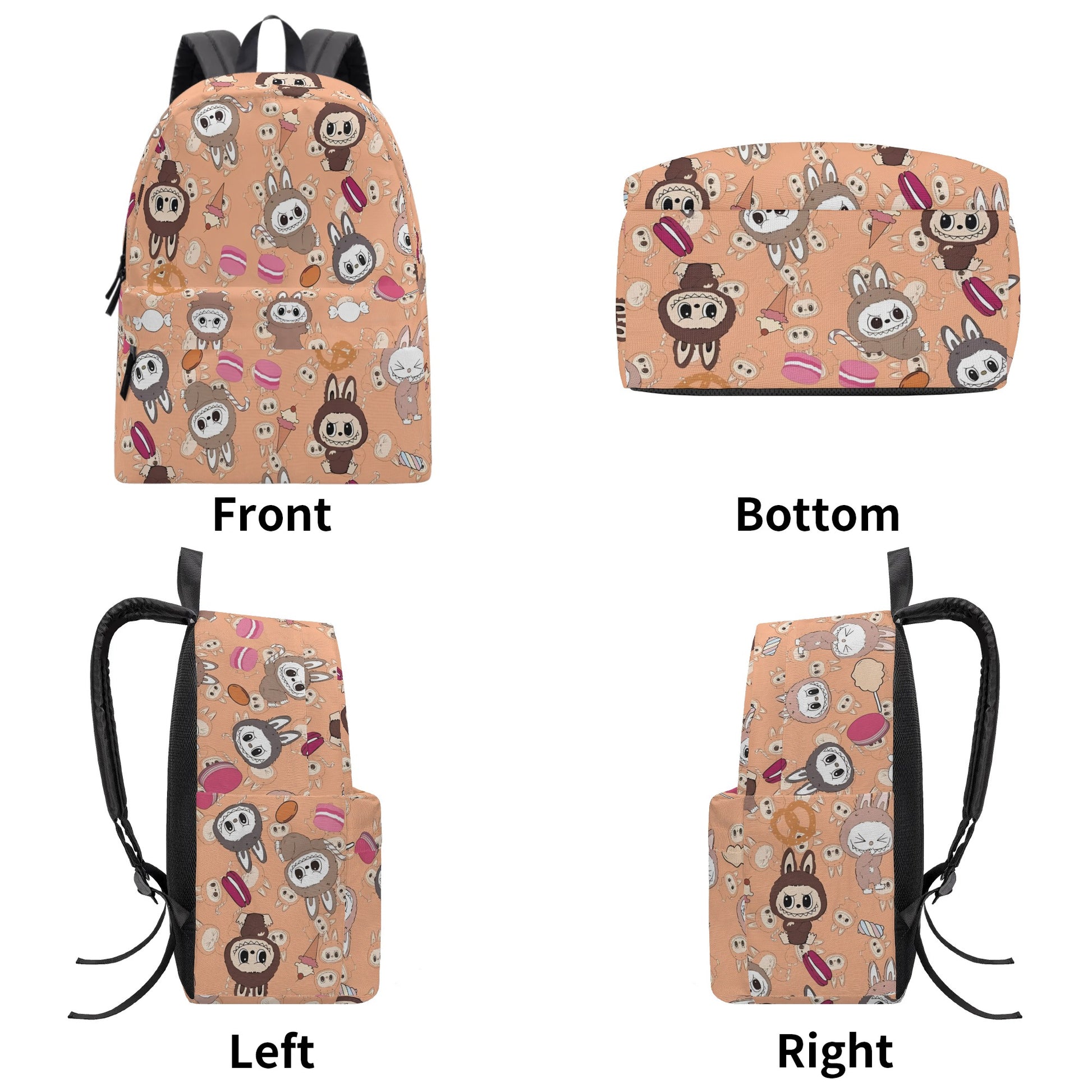 Sweet Labubu Dessert Backpack - Kawaii Peach Cartoon School Bag with Macarons, Candies & Cookies, Cute Food Theme Bookbag for Kids BPGR08