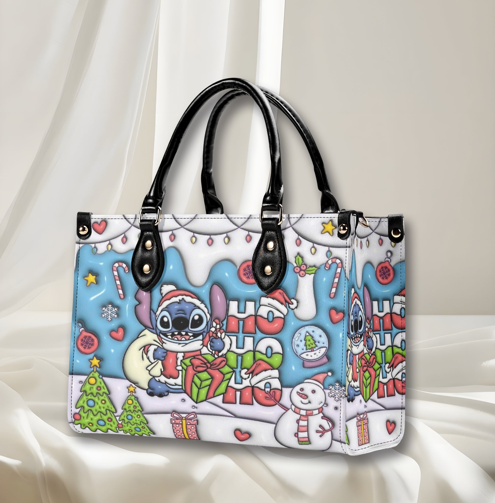 Ho Ho Ho Stitch Christmas Bag, Funny Holiday Santa Purse with Cartoon Print, Christmas Gift Tote for Women