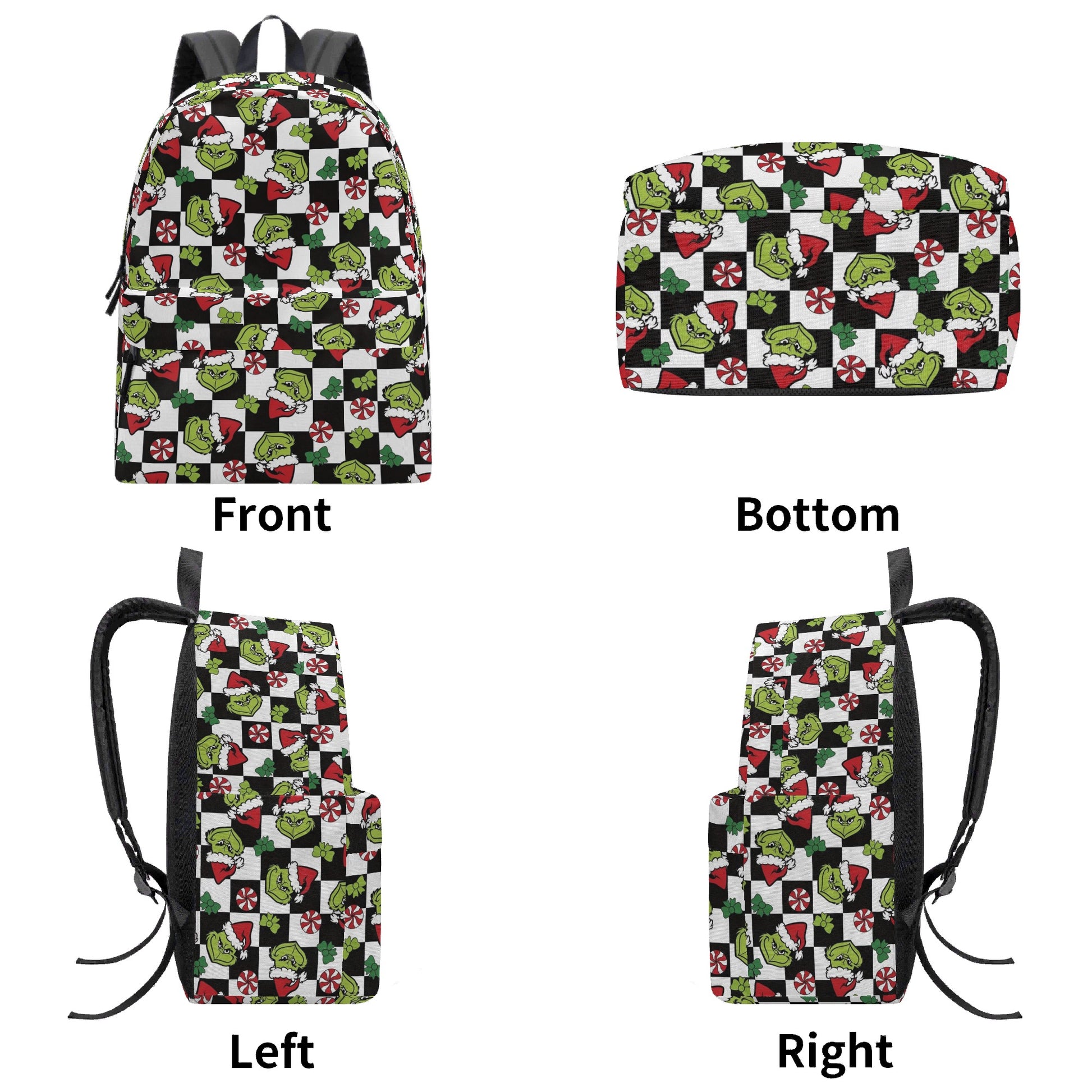 Grinch Backpack Checkered, Peppermint Candy Pattern, Retro Christmas Gift, Holiday Travel School Bag BPGR32