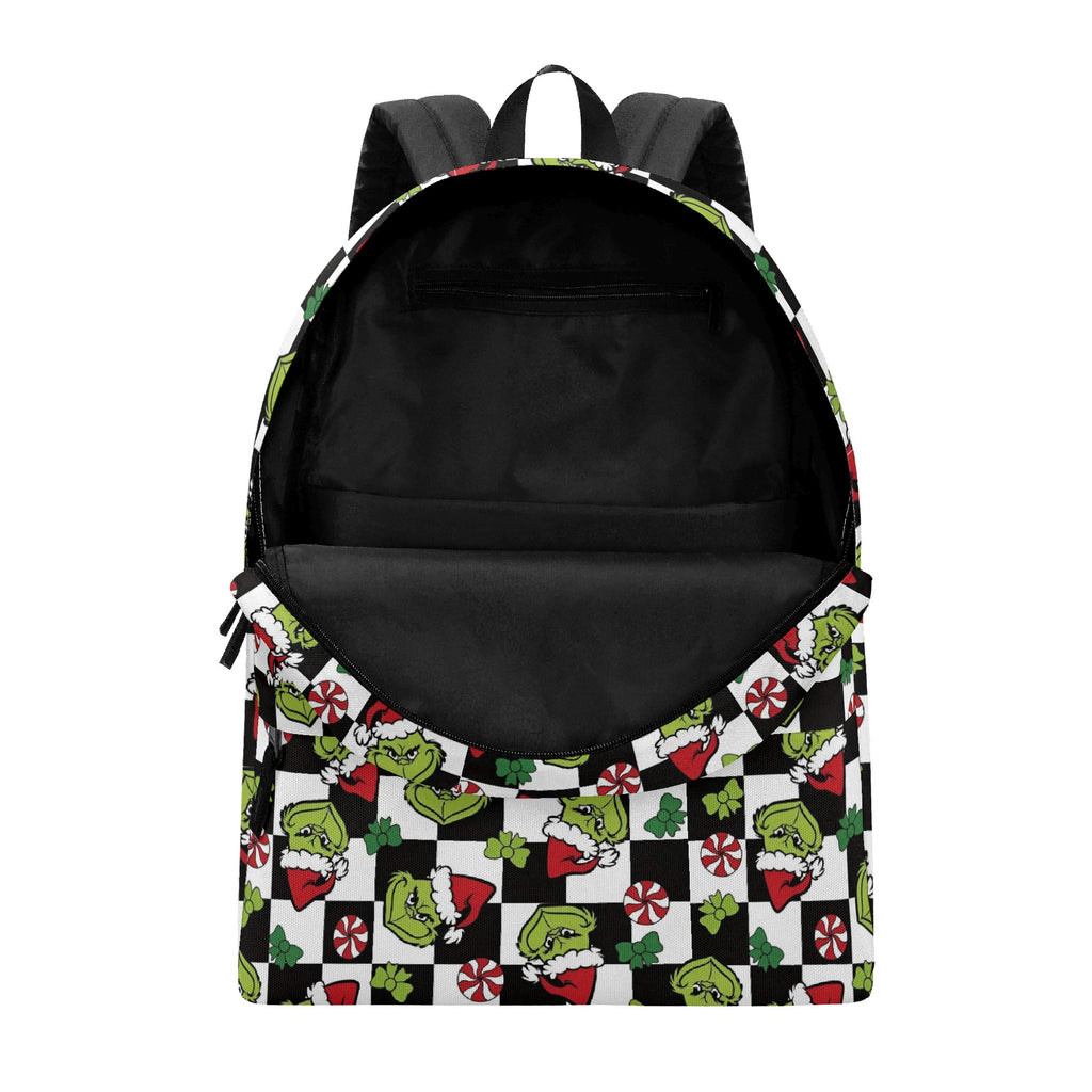 Grinch Backpack Checkered, Peppermint Candy Pattern, Retro Christmas Gift, Holiday Travel School Bag BPGR32