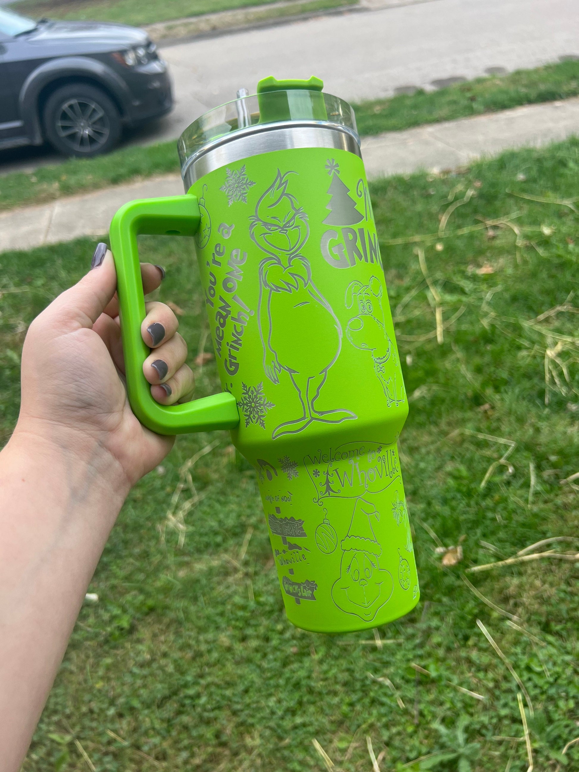 Mean One Grinch Tumbler, Classic Grinch Pattern Mug, Funny Holiday Gift, Insulated Cup with Handle and Straw