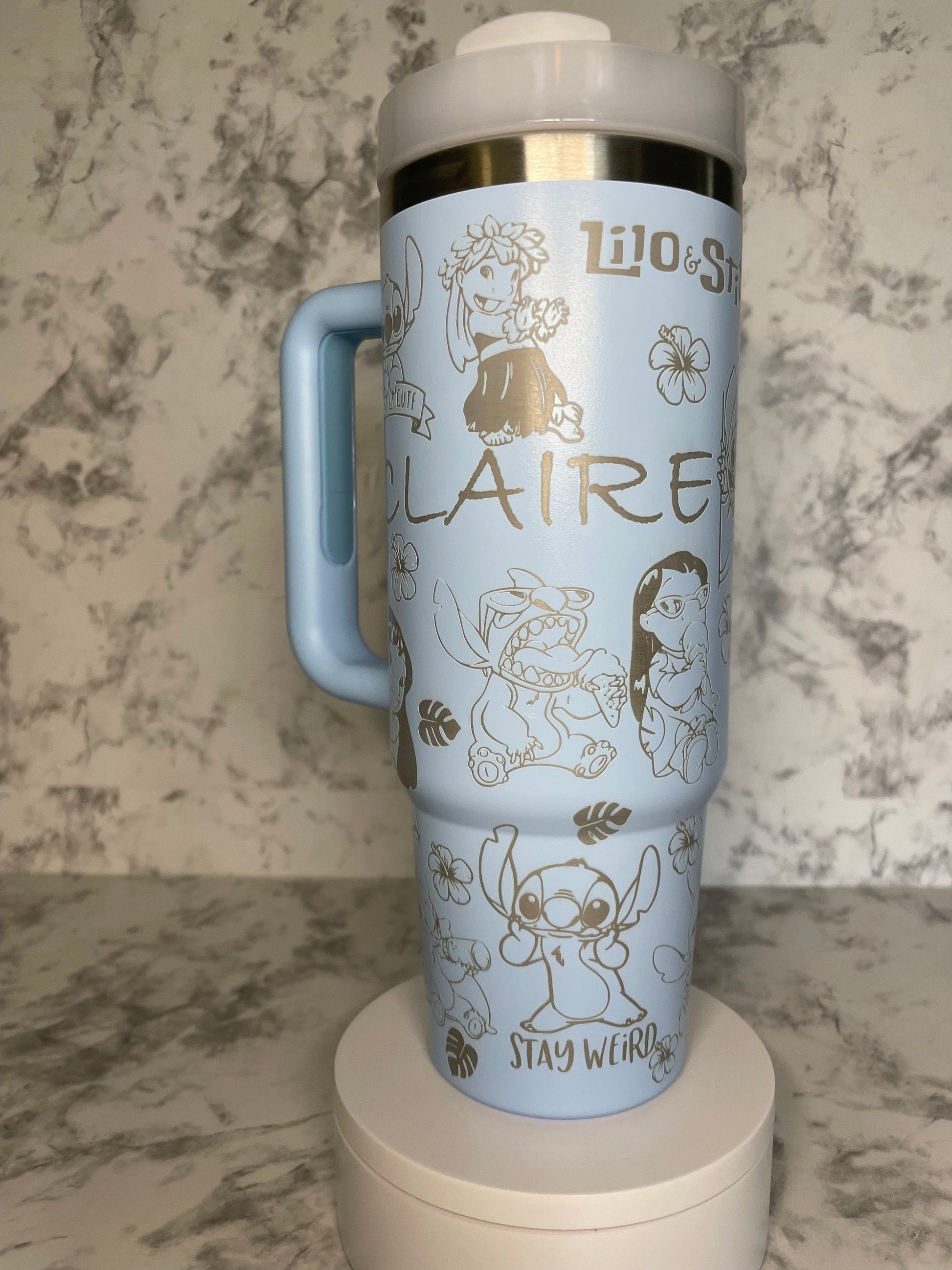 Personalized Lilo & Stitch Tumbler with Handle, Custom Name Insulated Travel Mug, Cute Stainless Steel Cup Gift for Her