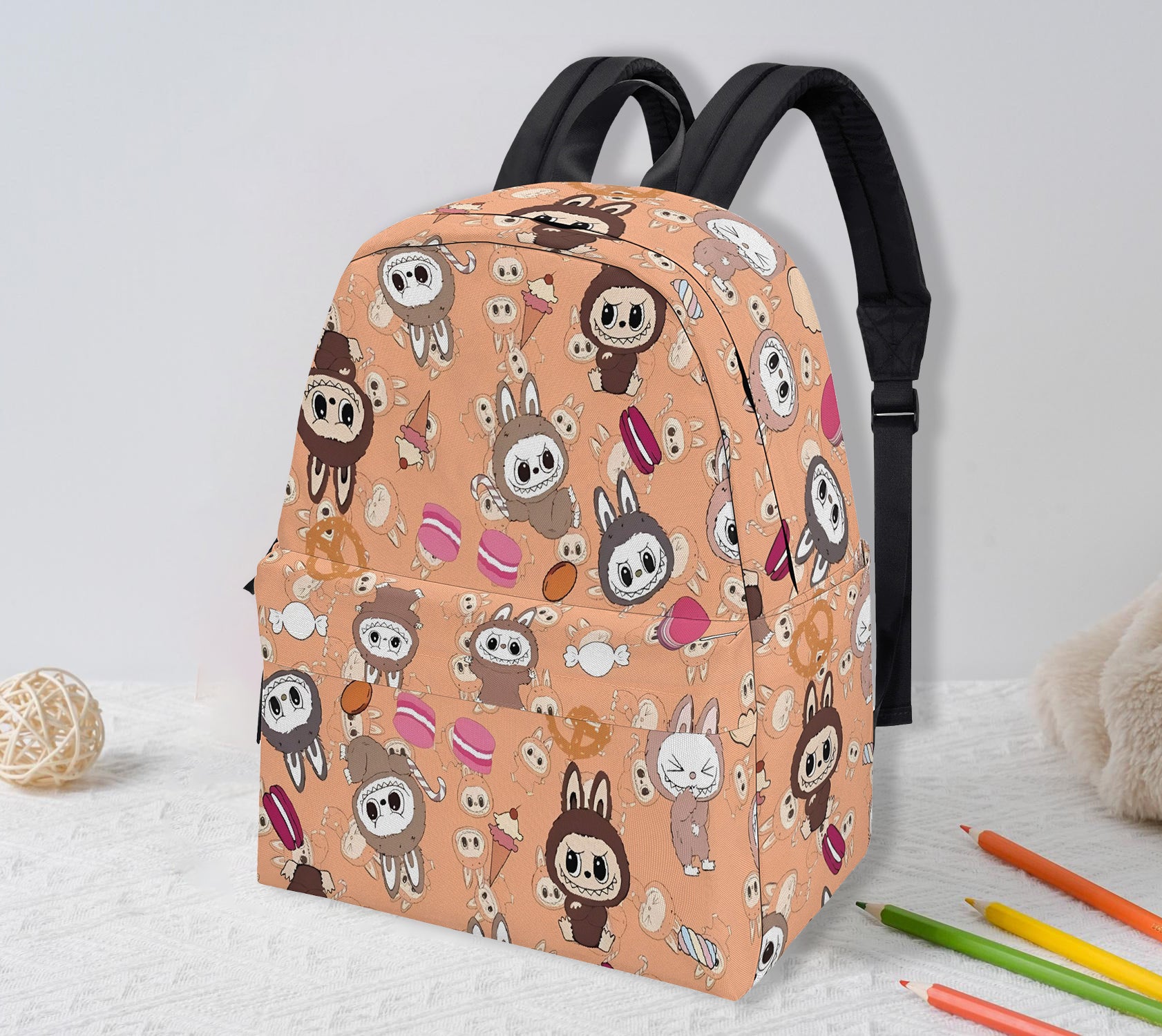 Sweet Labubu Dessert Backpack - Kawaii Peach Cartoon School Bag with Macarons, Candies & Cookies, Cute Food Theme Bookbag for Kids BPGR08