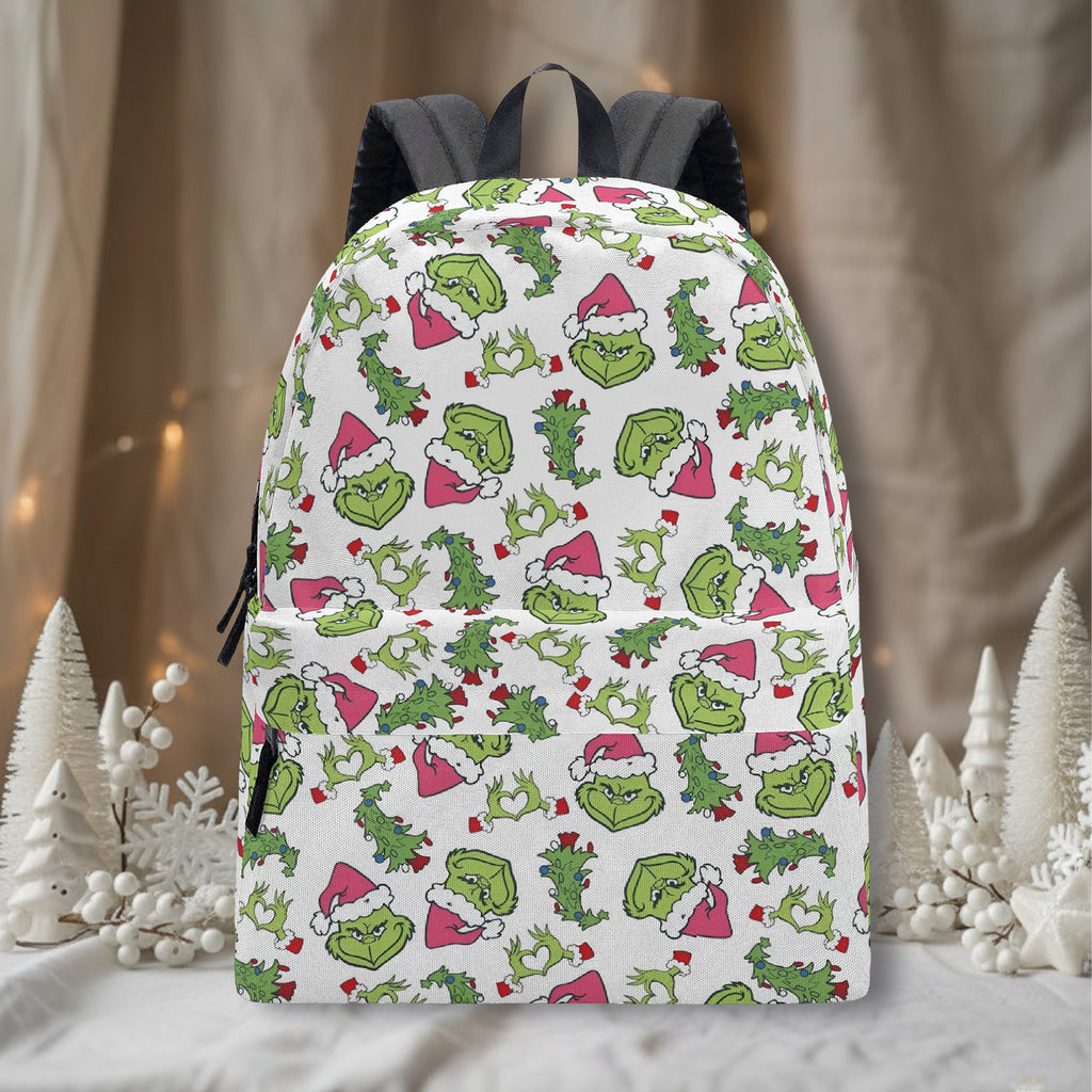 Grinch Backpack Pink Santa Hat, Christmas Tree Pattern, White Background, Cute Holiday Gift, School Travel Bag BPGR33