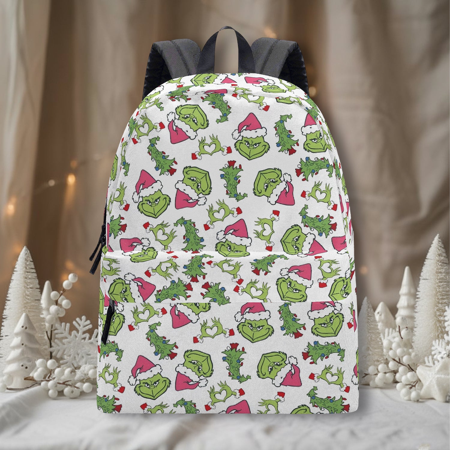 Grinch Backpack Pink Santa Hat, Christmas Tree Pattern, White Background, Cute Holiday Gift, School Travel Bag BPGR33