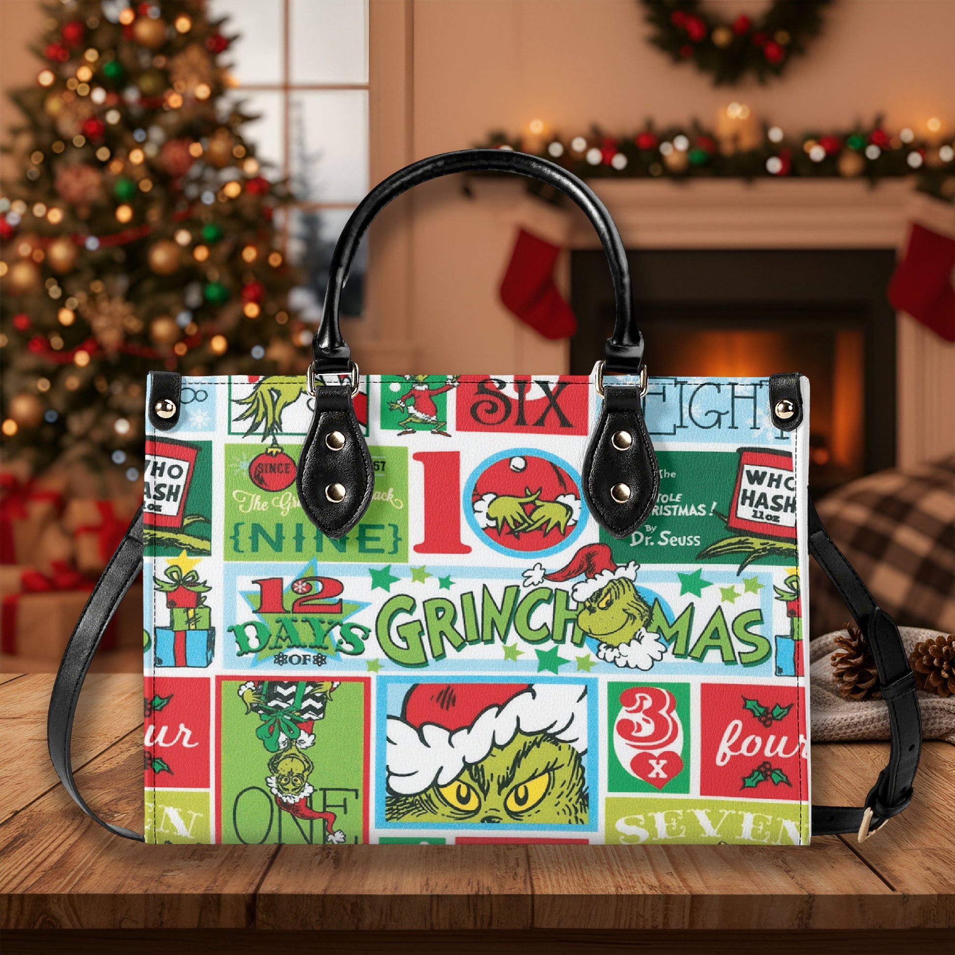 Retro Grinchmas Pattern HandBag, 12 Days of Christmas Purse Leather Bag, Whoville Lover Gift Bag, Holiday Handbag for Women