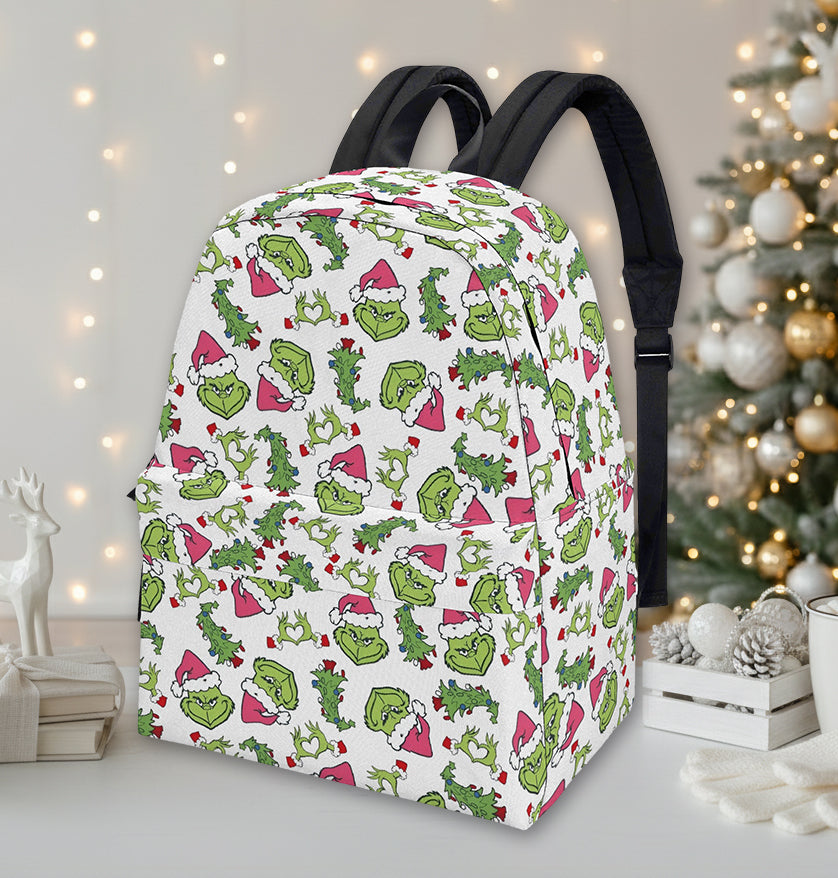 Grinch Backpack Pink Santa Hat, Christmas Tree Pattern, White Background, Cute Holiday Gift, School Travel Bag BPGR33