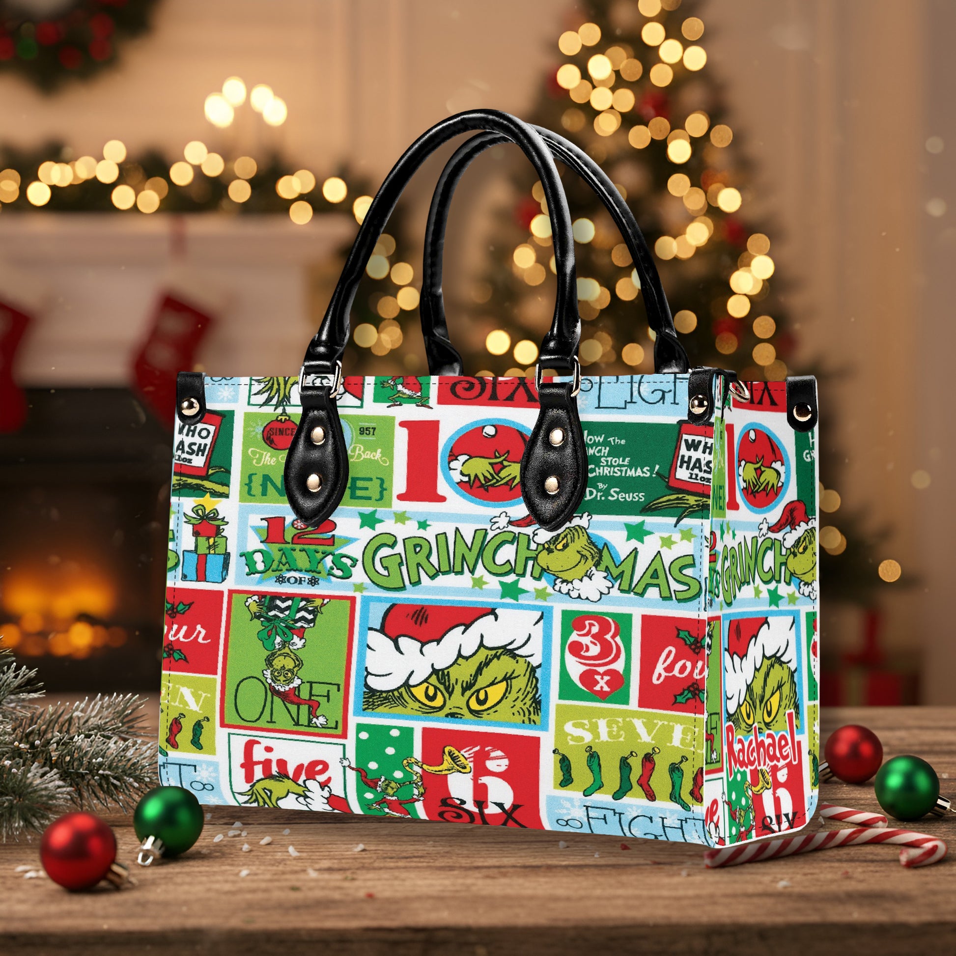Retro Grinchmas Pattern HandBag, 12 Days of Christmas Purse Leather Bag, Whoville Lover Gift Bag, Holiday Handbag for Women