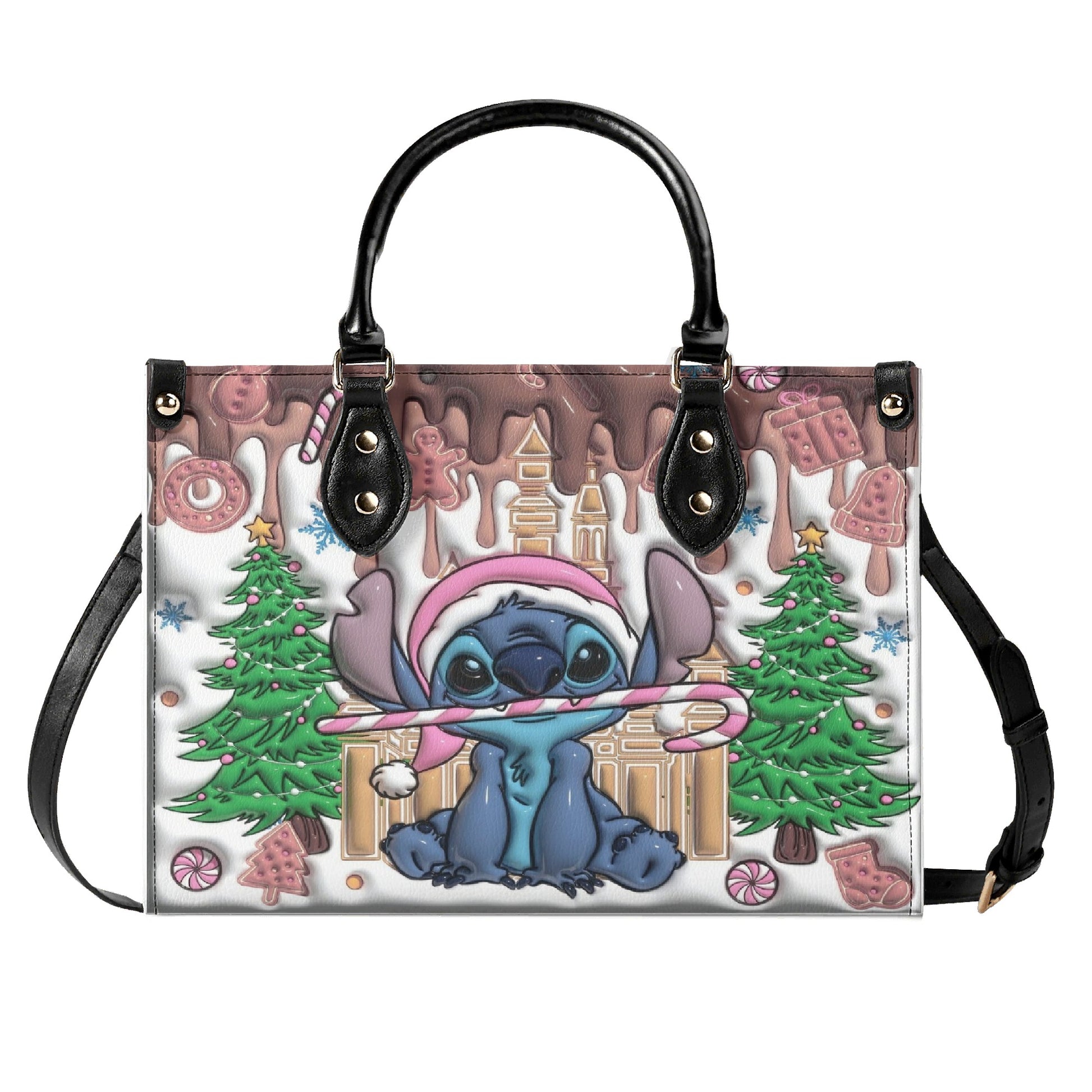 Stitch Gingerbread Christmas Handbag, Holiday Leather Purse with Candy Cane & Xmas Tree Print