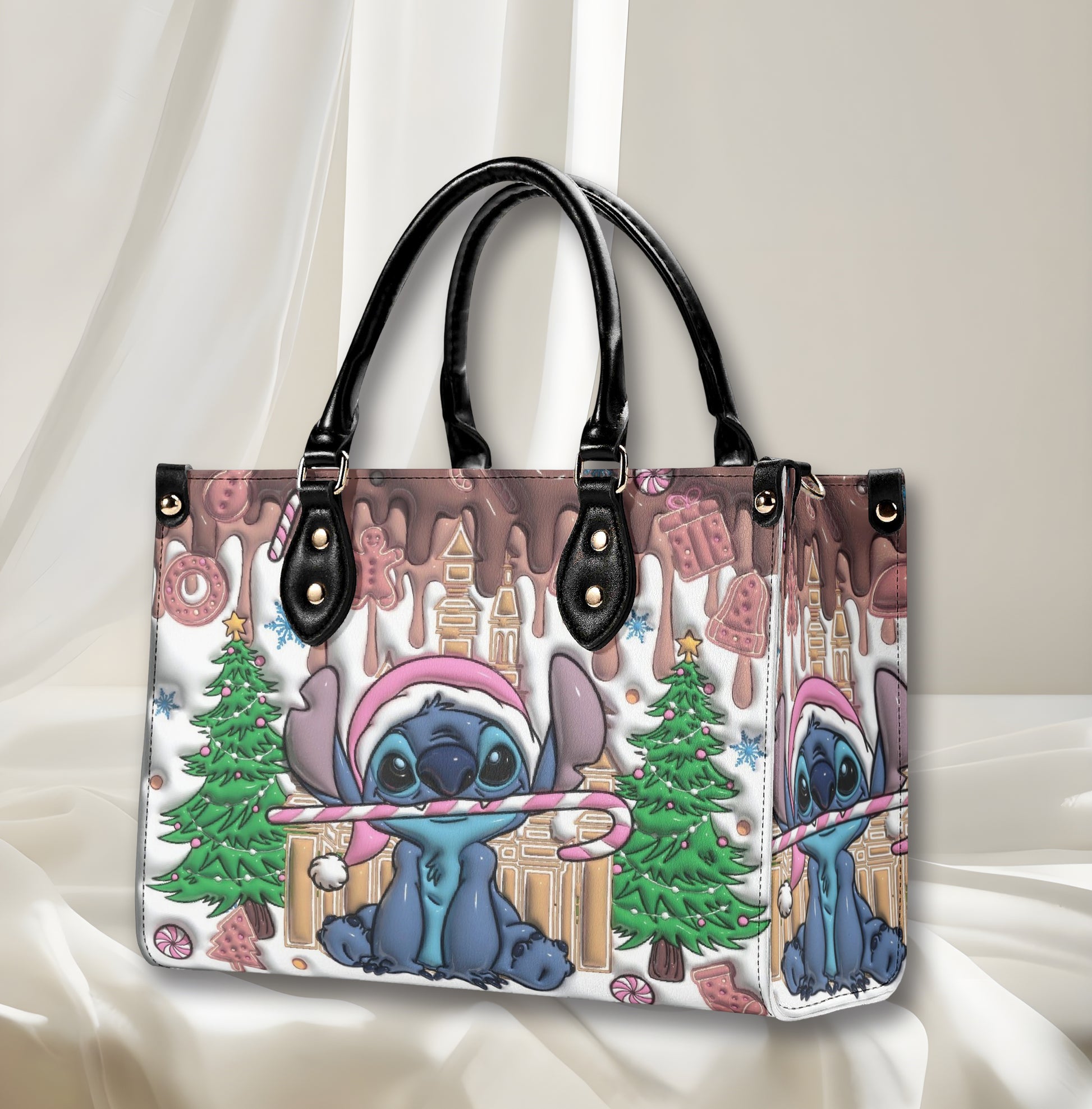 Stitch Gingerbread Christmas Handbag, Holiday Leather Purse with Candy Cane & Xmas Tree Print