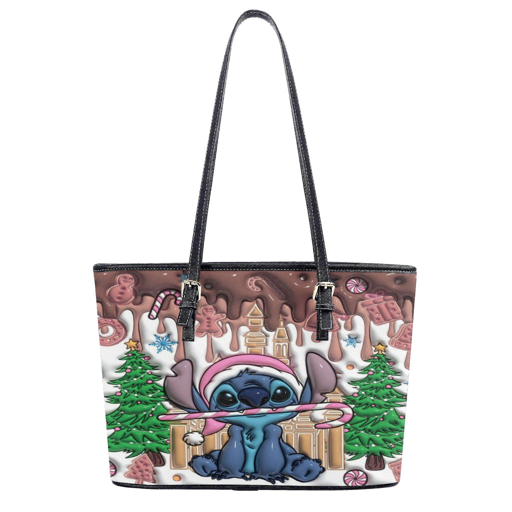 Stitch Gingerbread Christmas Handbag, Holiday Leather Purse with Candy Cane & Xmas Tree Print