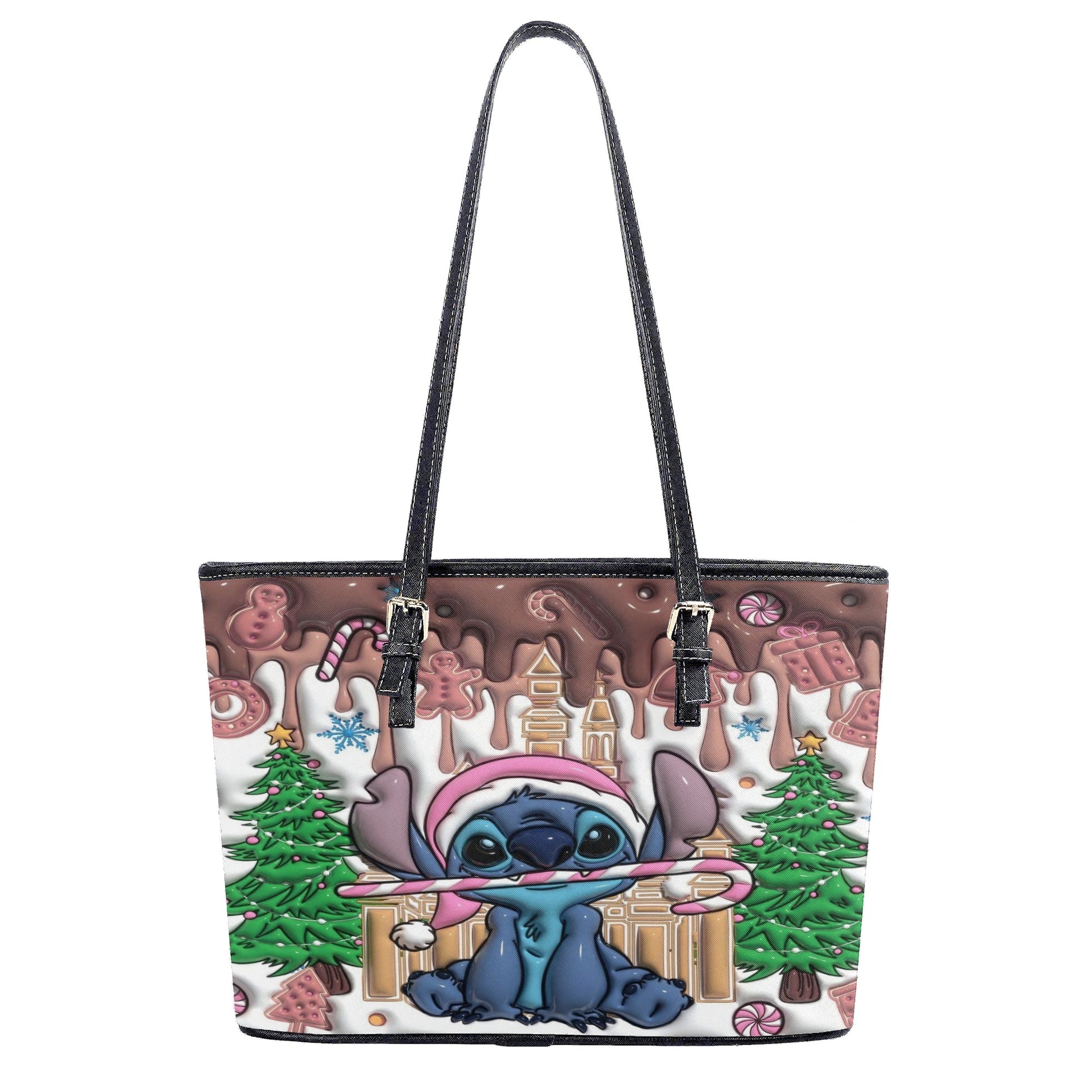 Stitch Gingerbread Christmas Handbag, Holiday Leather Purse with Candy Cane & Xmas Tree Print