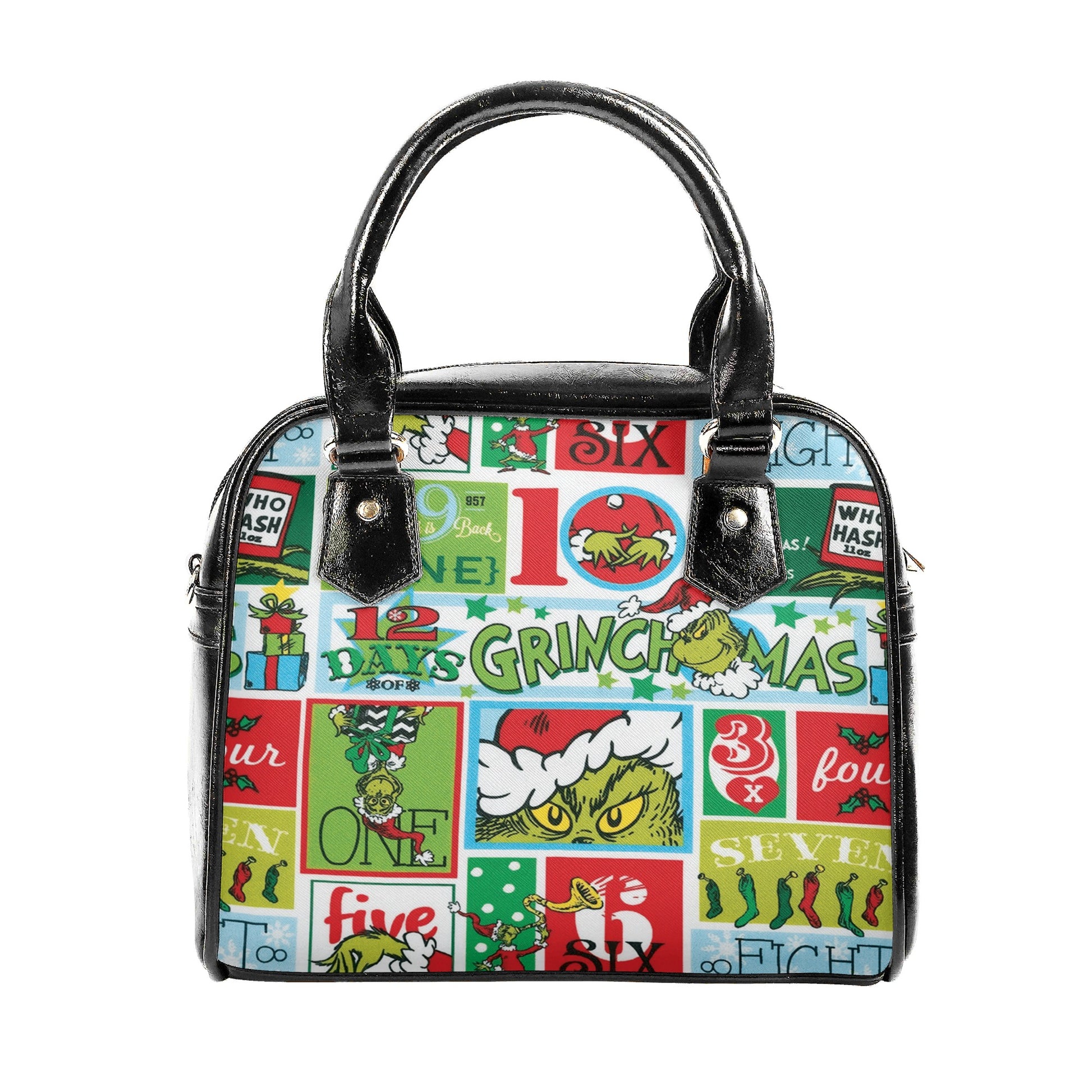 Retro Grinchmas Pattern HandBag, 12 Days of Christmas Purse Leather Bag, Whoville Lover Gift Bag, Holiday Handbag for Women