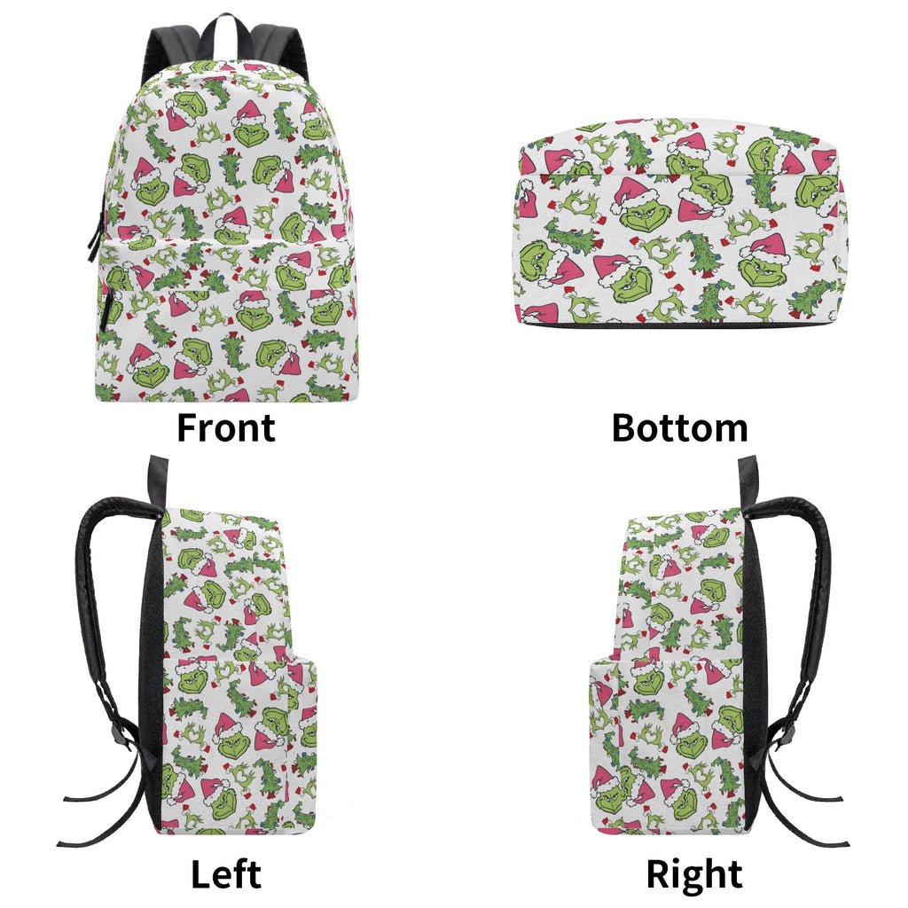 Grinch Backpack Pink Santa Hat, Christmas Tree Pattern, White Background, Cute Holiday Gift, School Travel Bag BPGR33