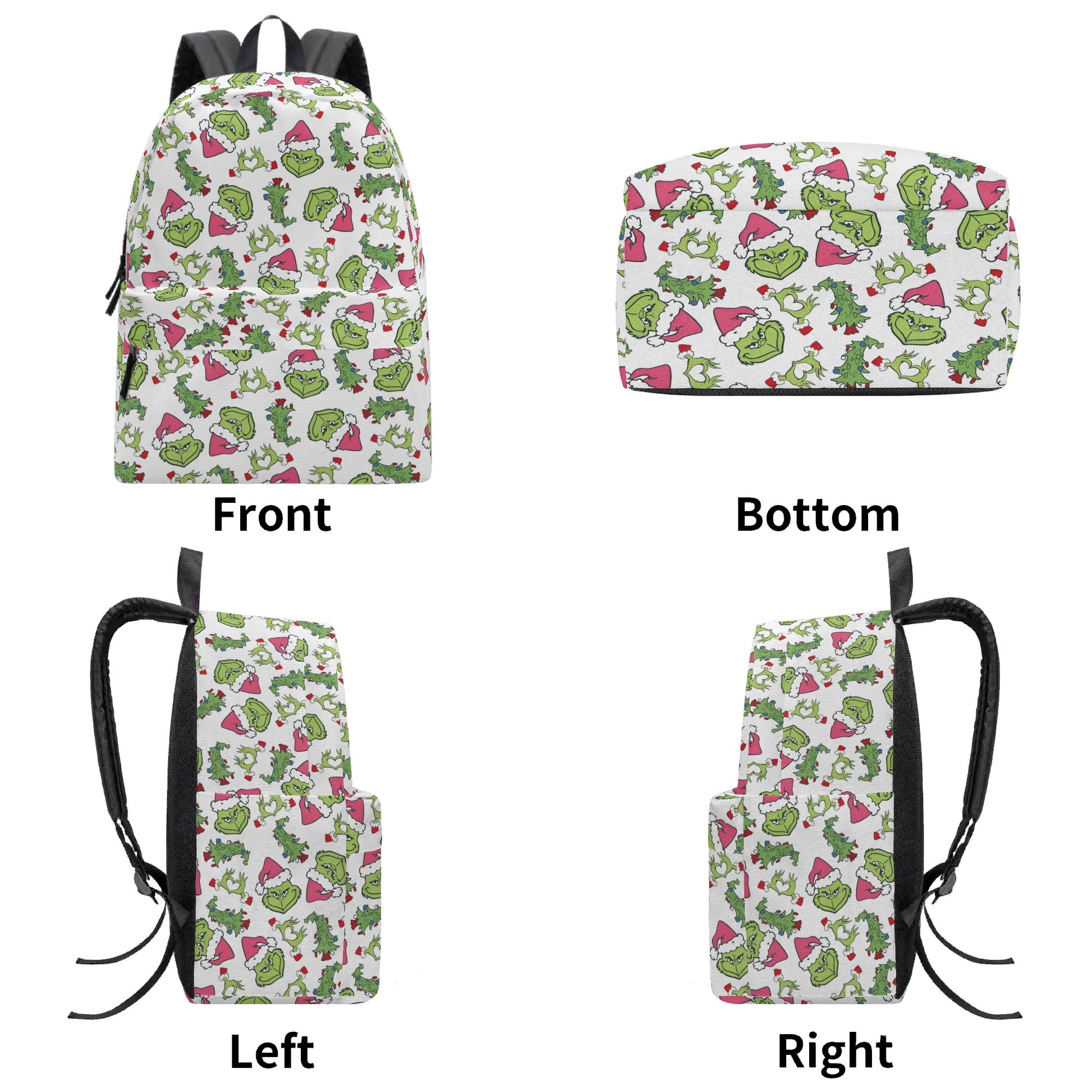 Grinch Backpack Pink Santa Hat, Christmas Tree Pattern, White Background, Cute Holiday Gift, School Travel Bag BPGR33