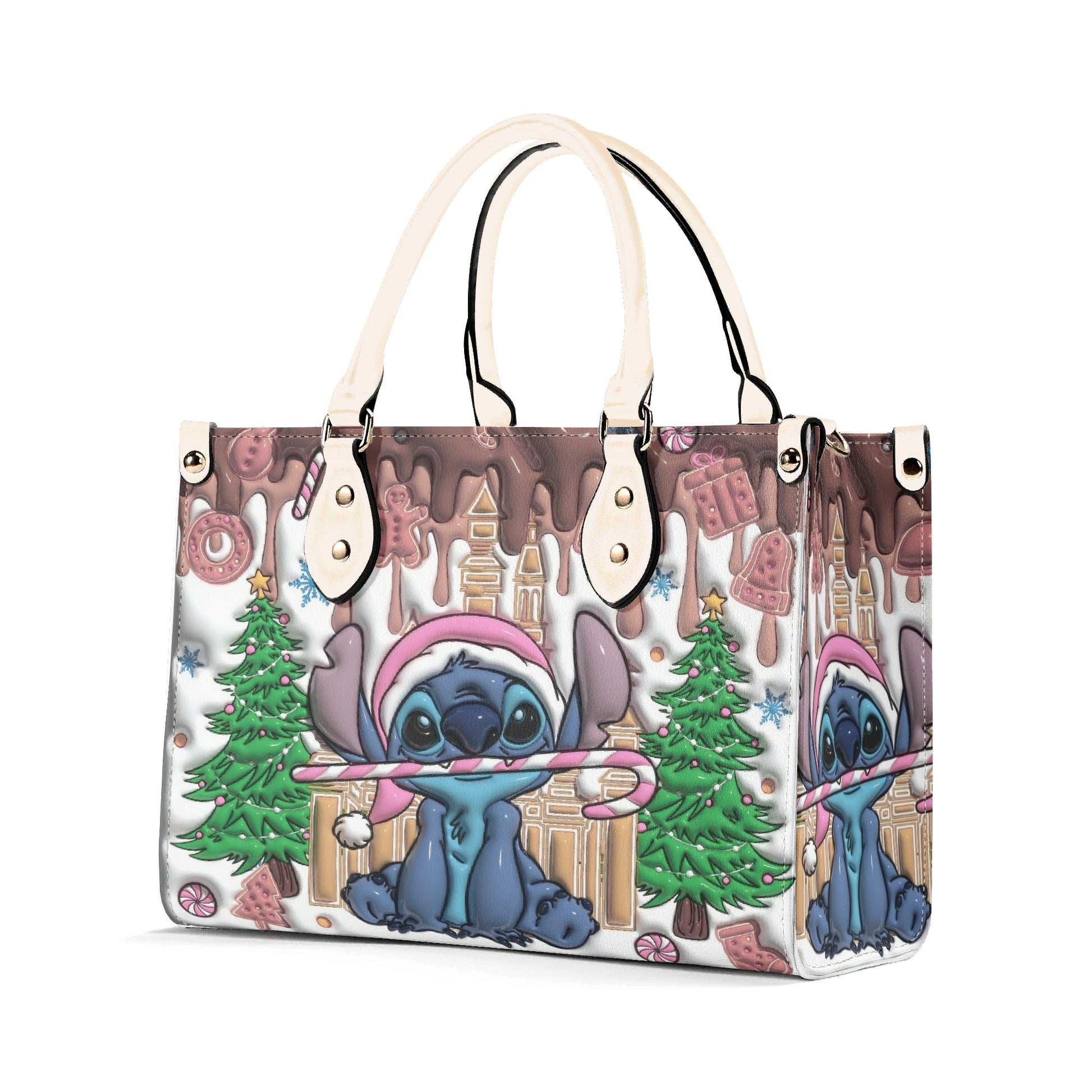 Stitch Gingerbread Christmas Handbag, Holiday Leather Purse with Candy Cane & Xmas Tree Print