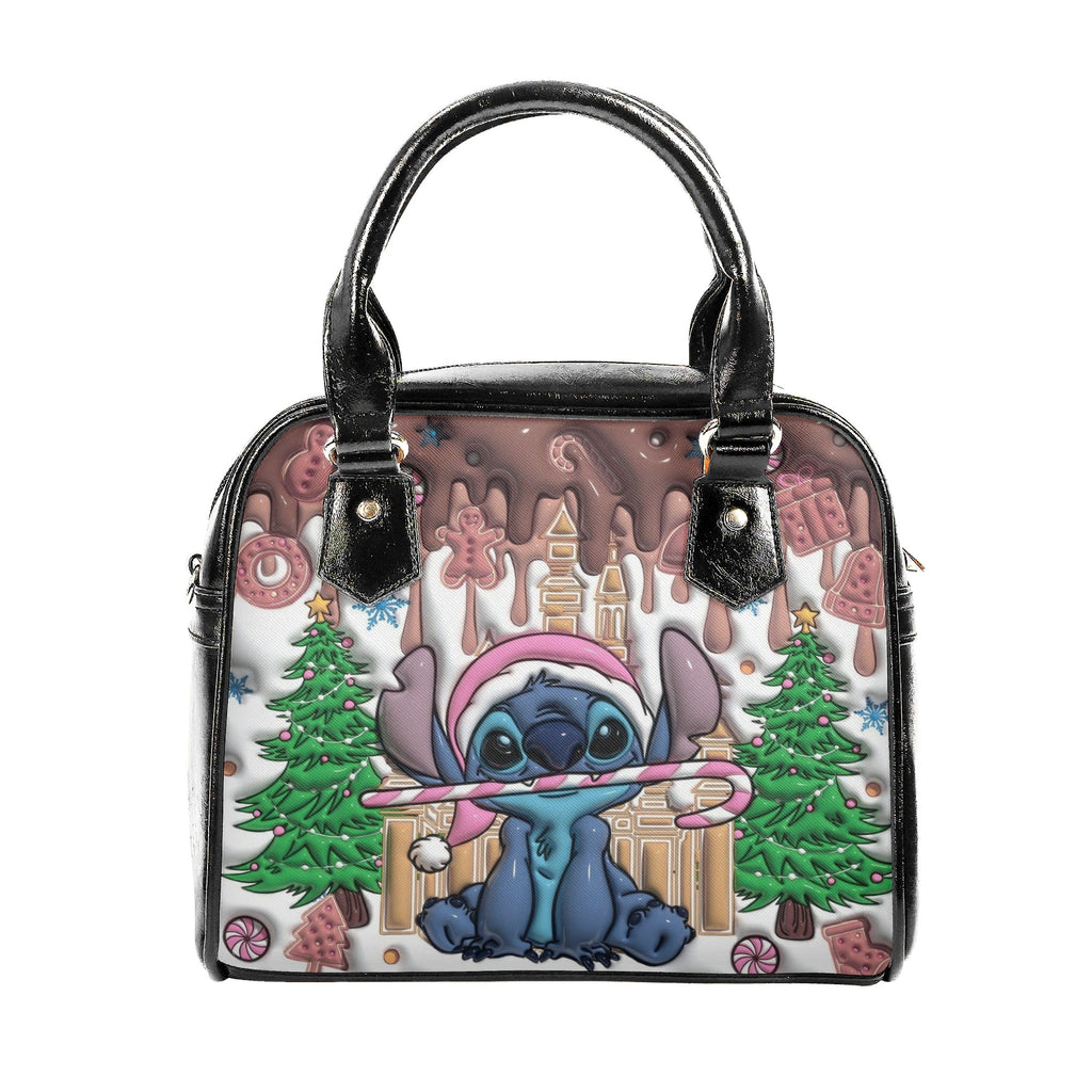 Stitch Gingerbread Christmas Handbag, Holiday Leather Purse with Candy Cane & Xmas Tree Print