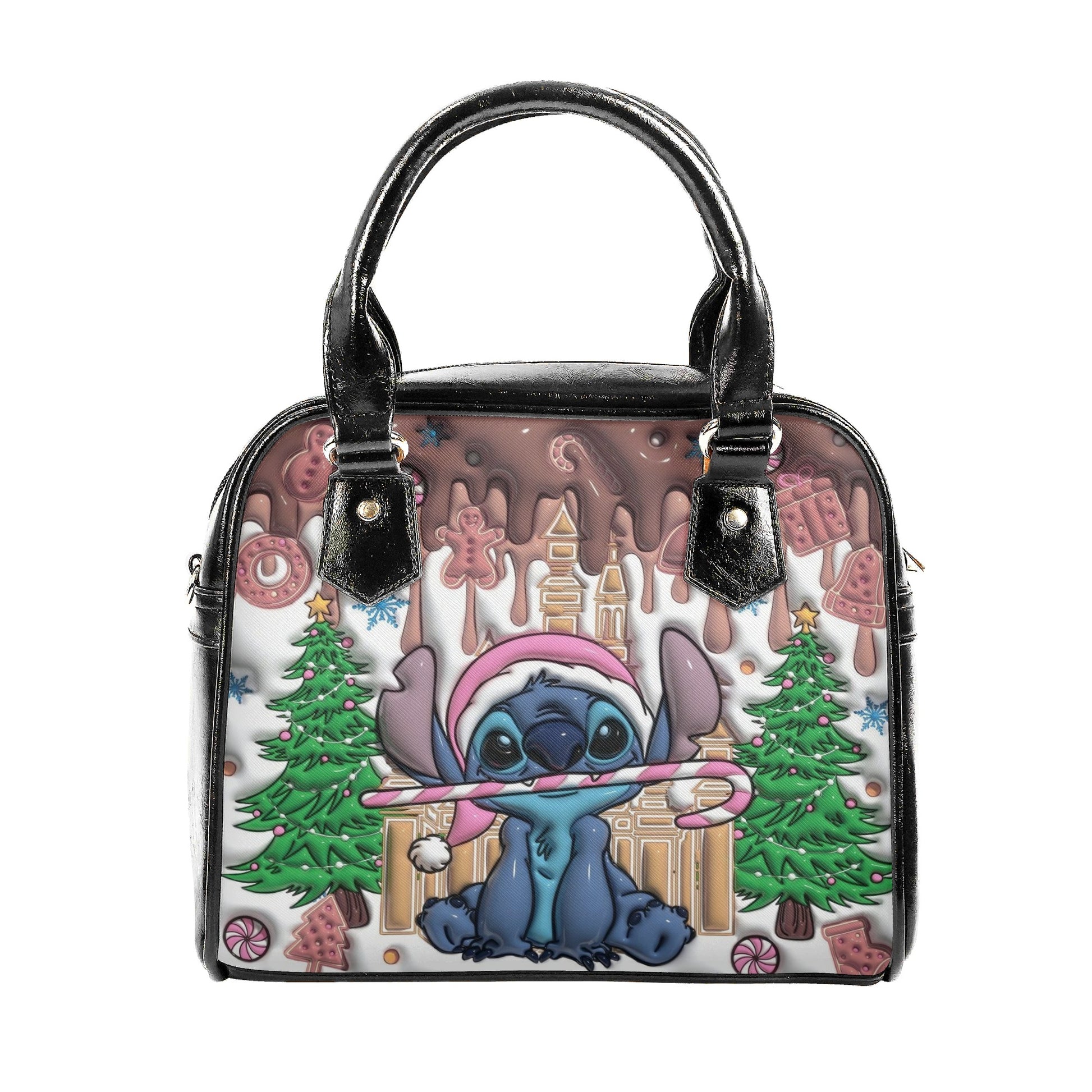 Stitch Gingerbread Christmas Handbag, Holiday Leather Purse with Candy Cane & Xmas Tree Print